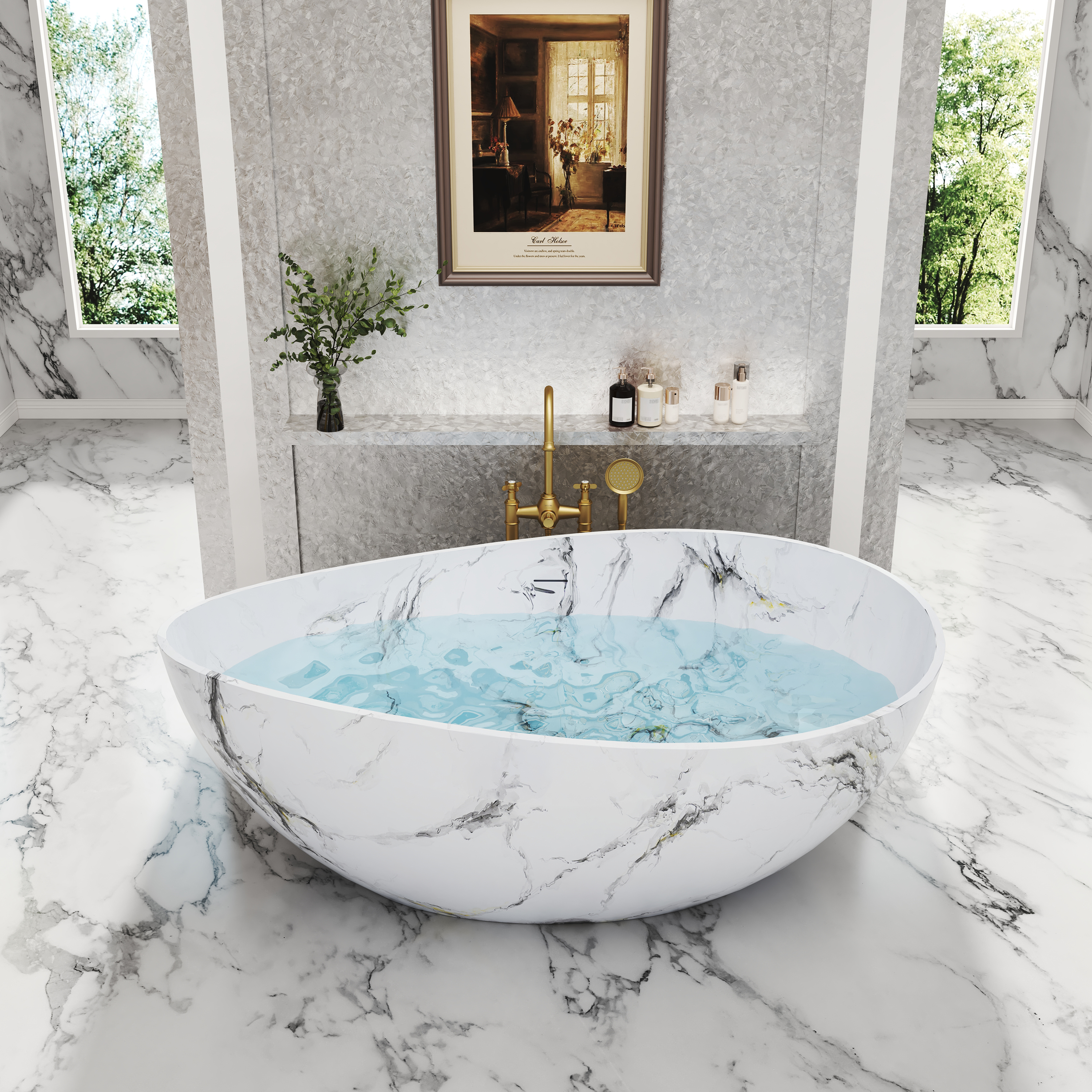 63" Artistic Marble Sculptural Solid Surface Freestanding Soaking Bathtub