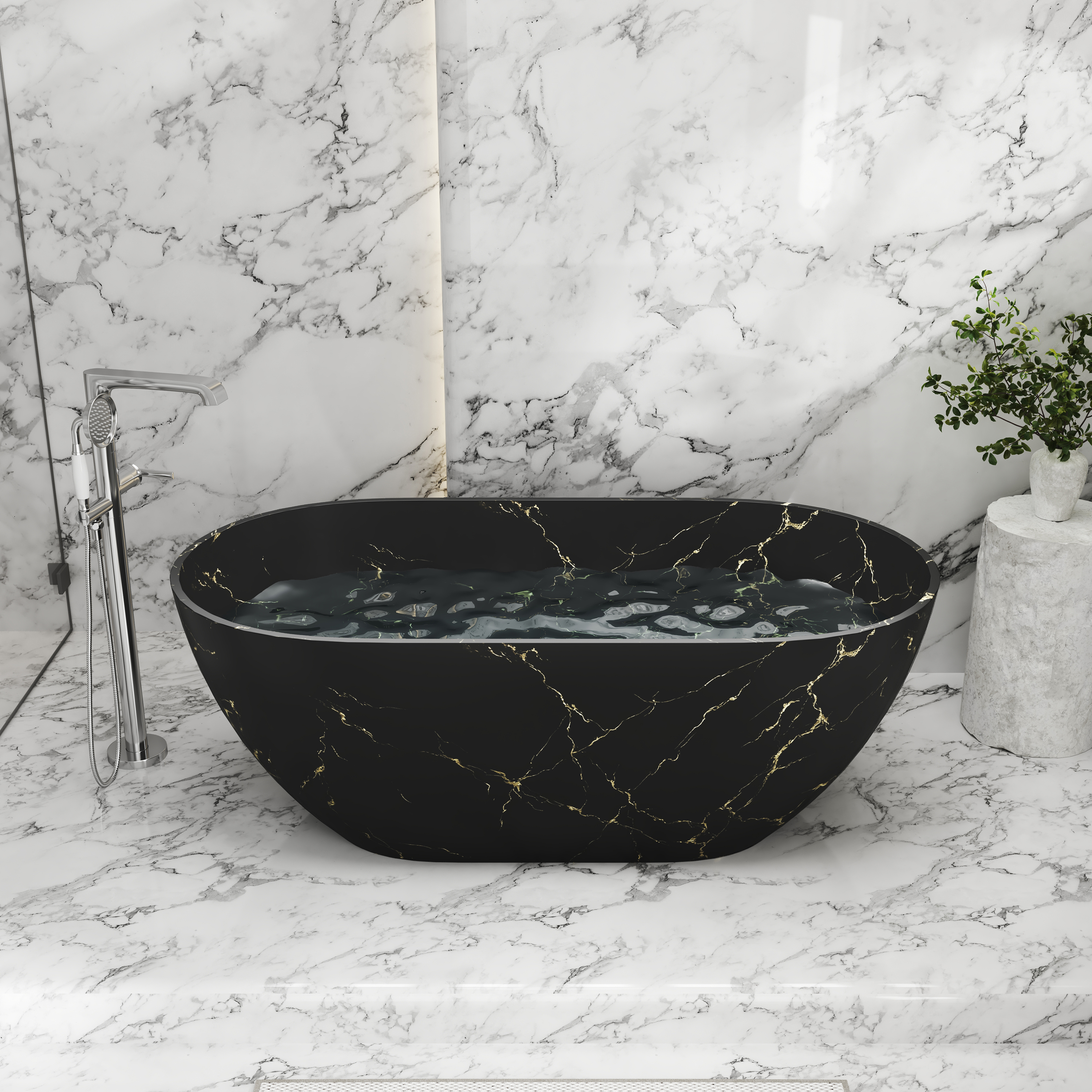 59" Oval Solid Surface Freestanding Bathtub with Black & Gold Star River Pattern