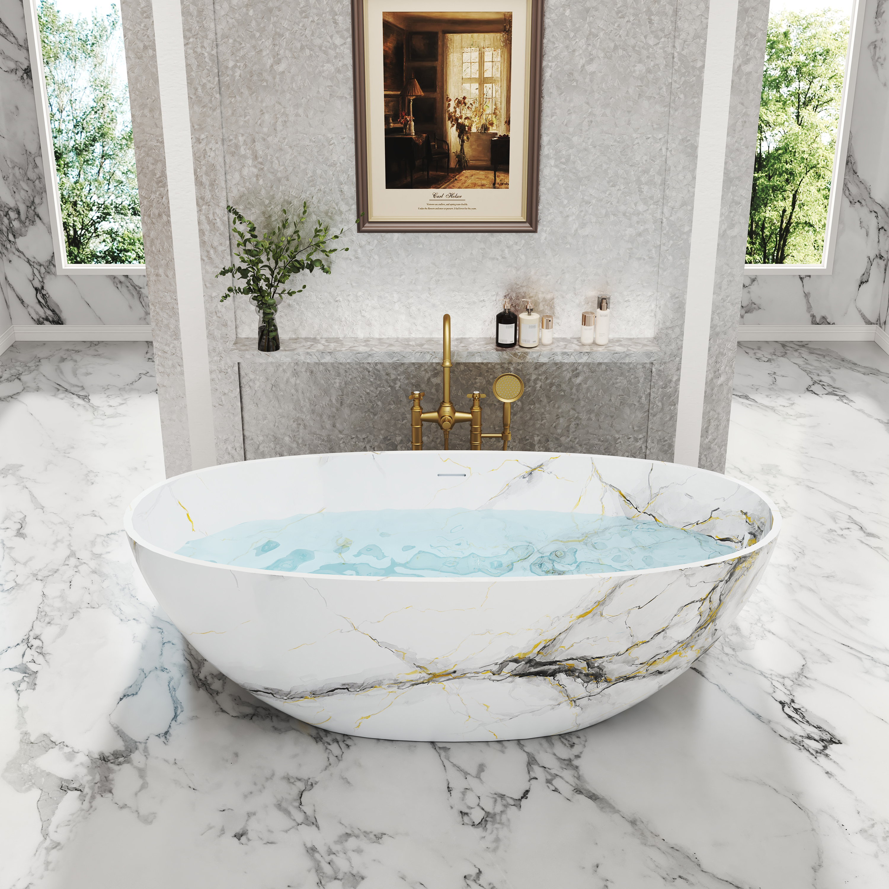 65" Freestanding Solid Surface Oval Bathtub in Marble Look Finish