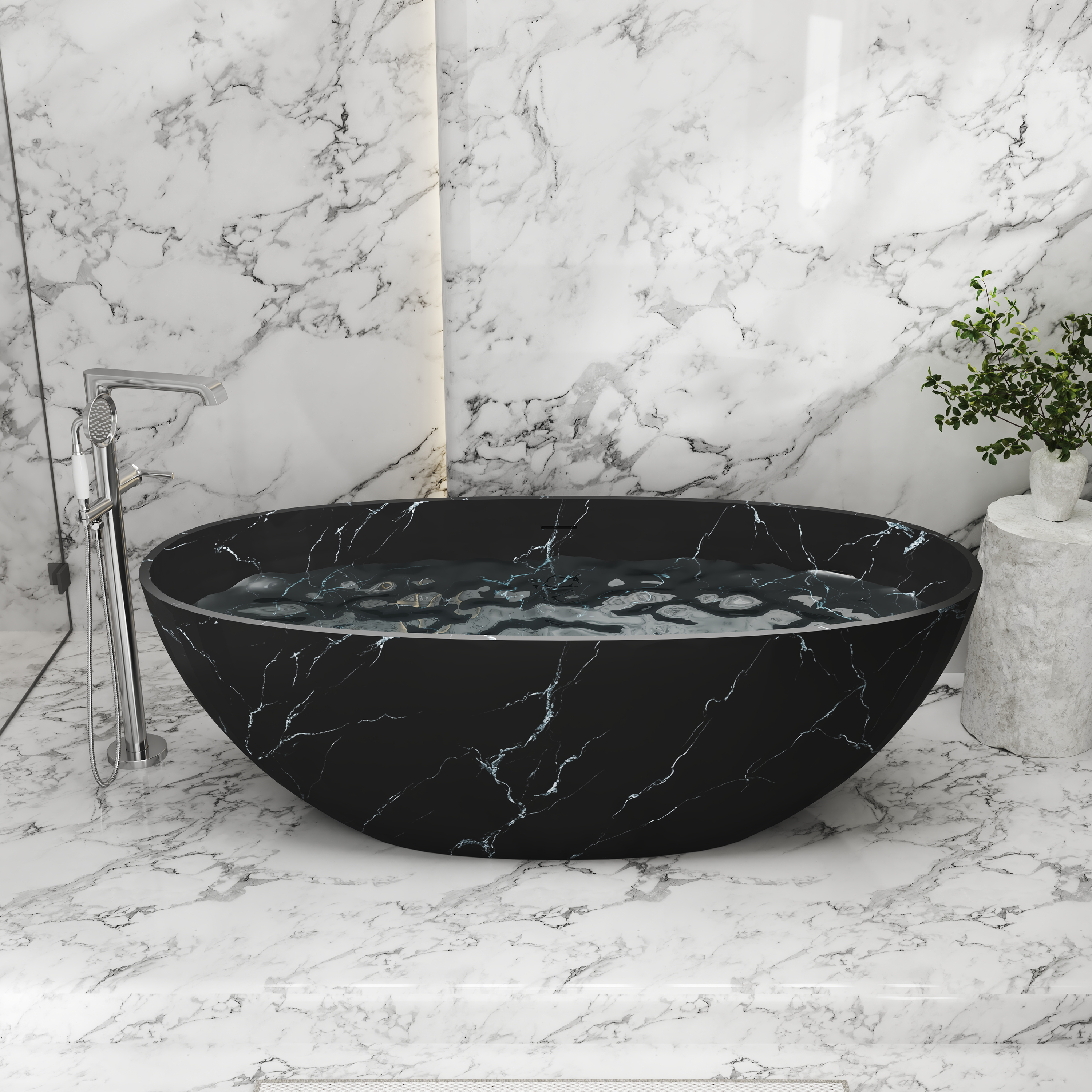 65" Freestanding Solid Surface Oval Bathtub in Marble Look Finish
