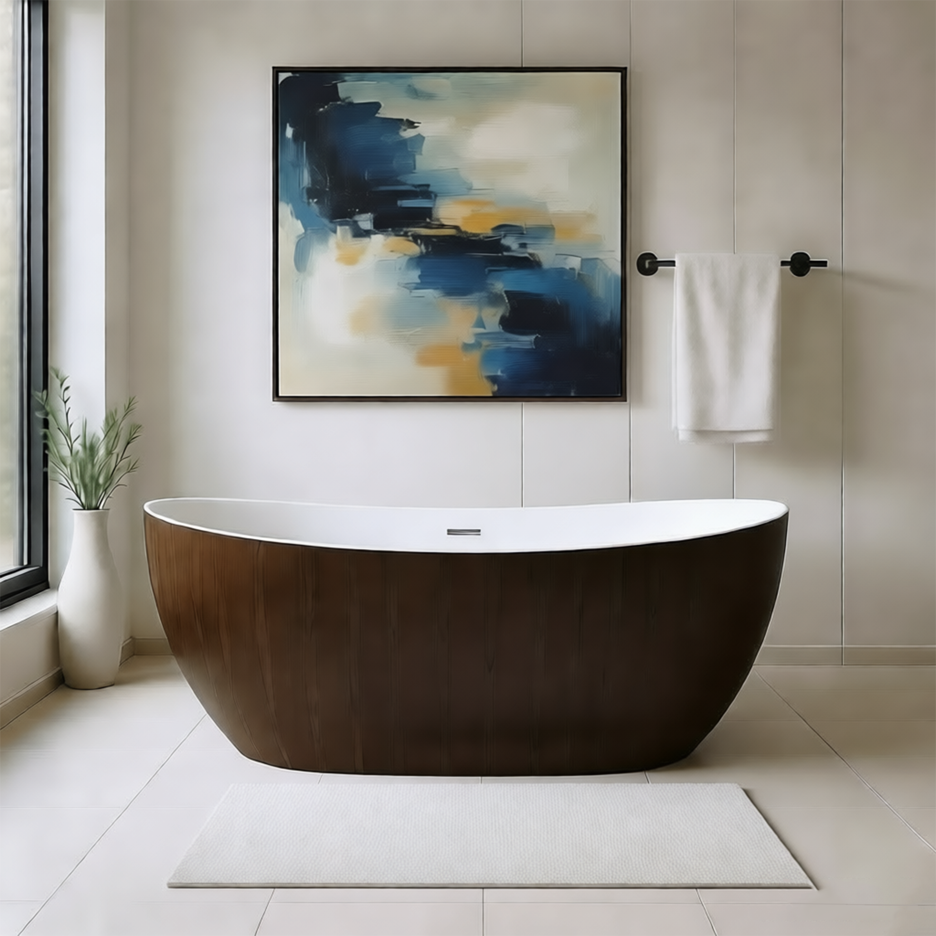 67" Crescent Solid Surface Freestanding Bathtub with Wood Grain Exterior & Ergonomic Backrest