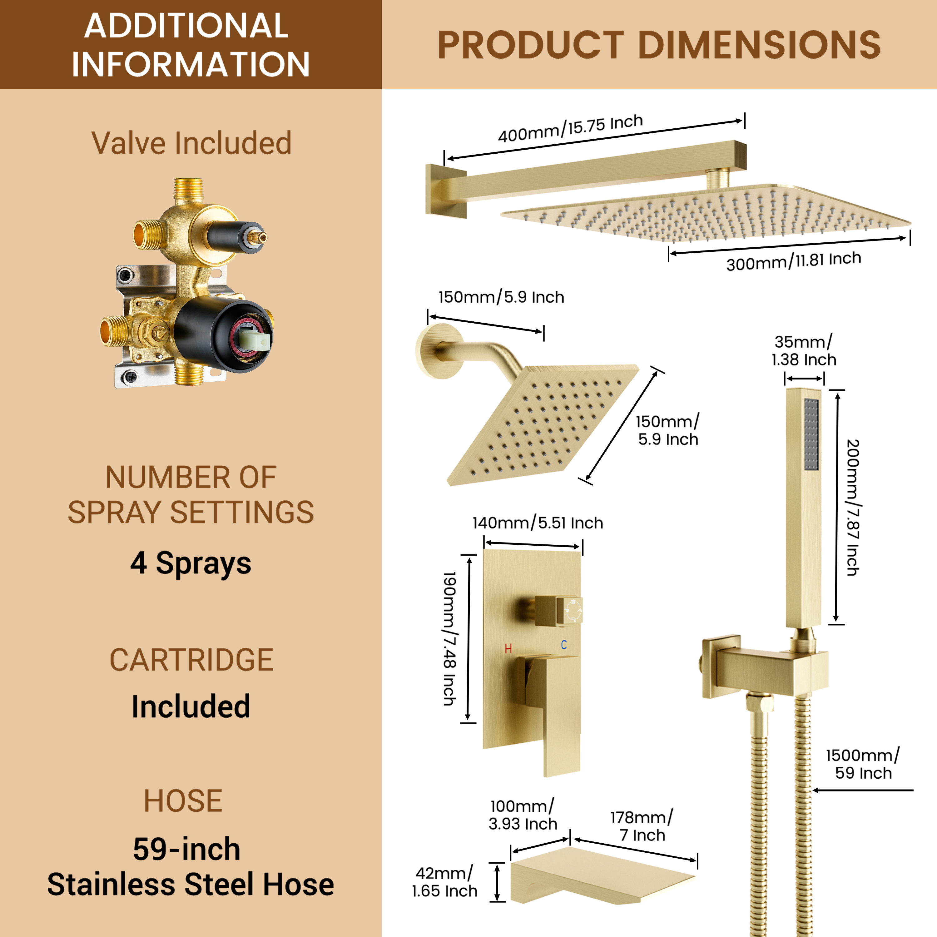 12" 4-Function Dual Shower Head System with Tub Spout