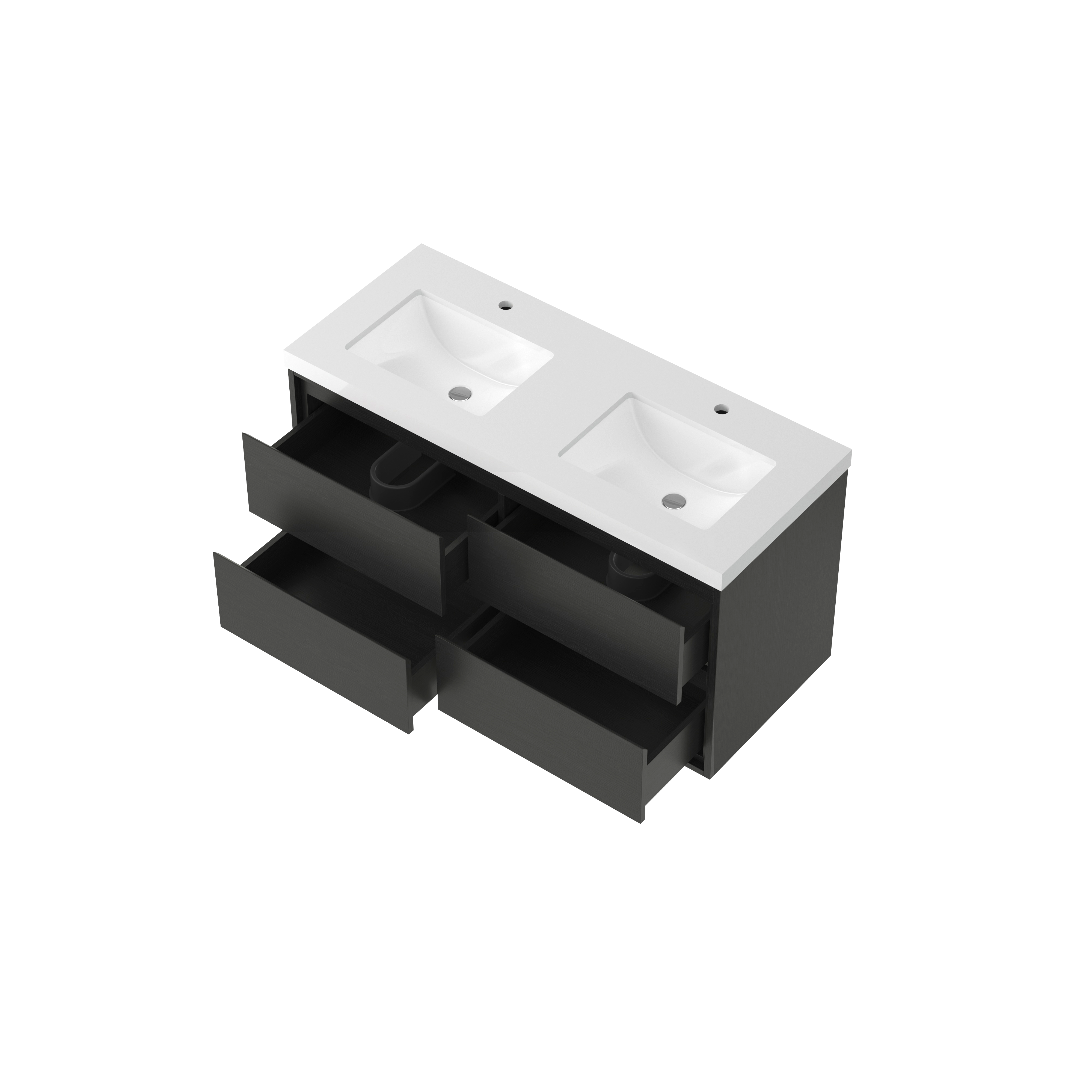 48" Matte Black Wall-mount Bathroom Vanity with Double Sink & Marble Top