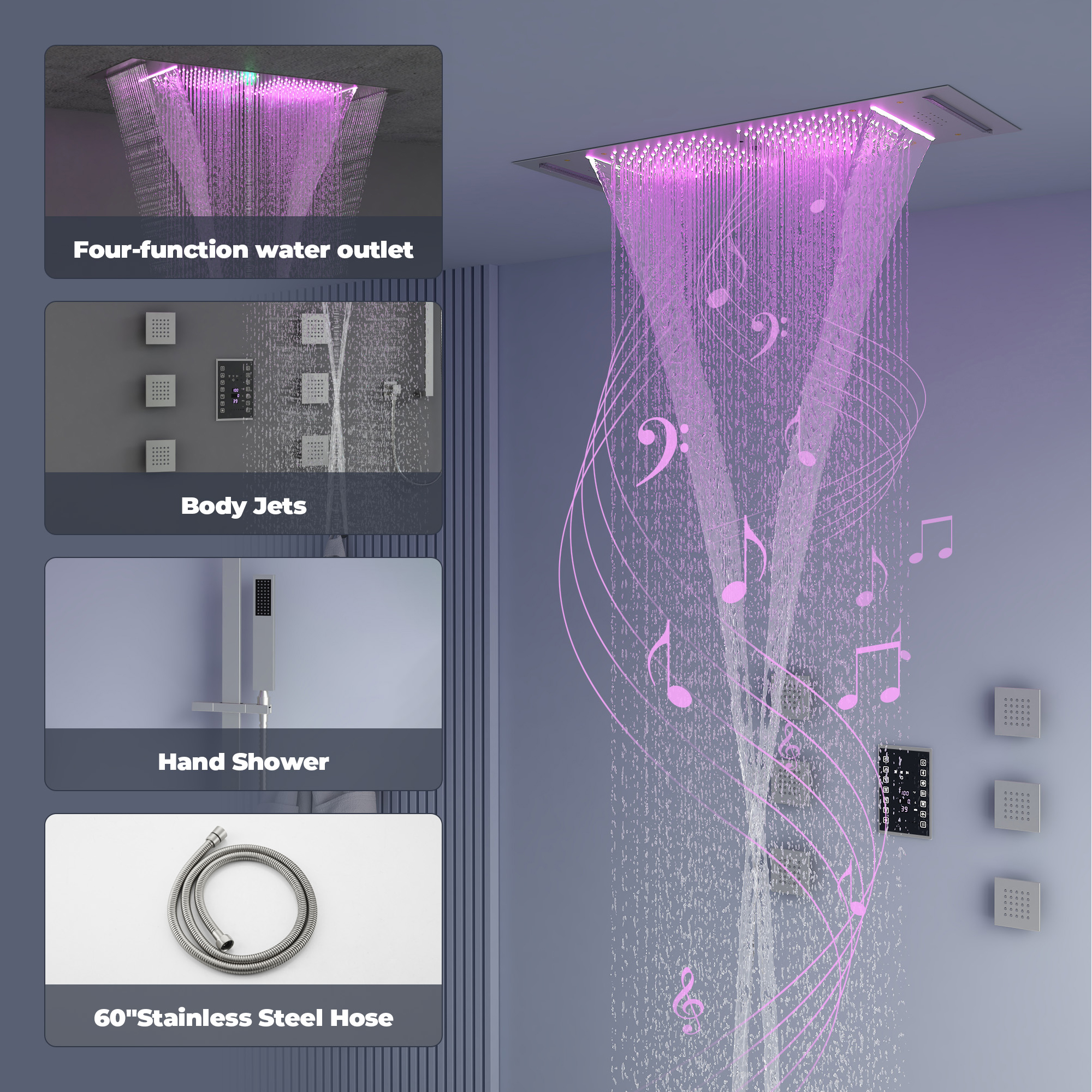 35" x 12" 6-Function Thermostatic Shower System with Digital Touch Screen & LED Lights