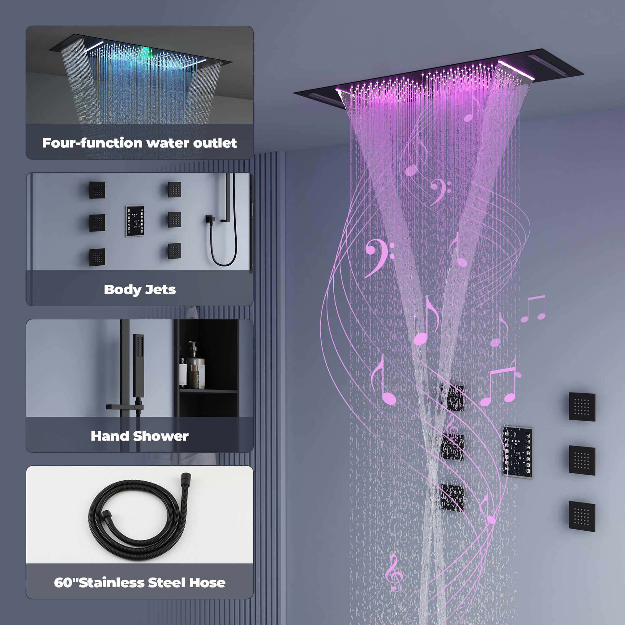 35" x 12" 6-Function Thermostatic Shower System with Digital Touch Screen & LED Lights