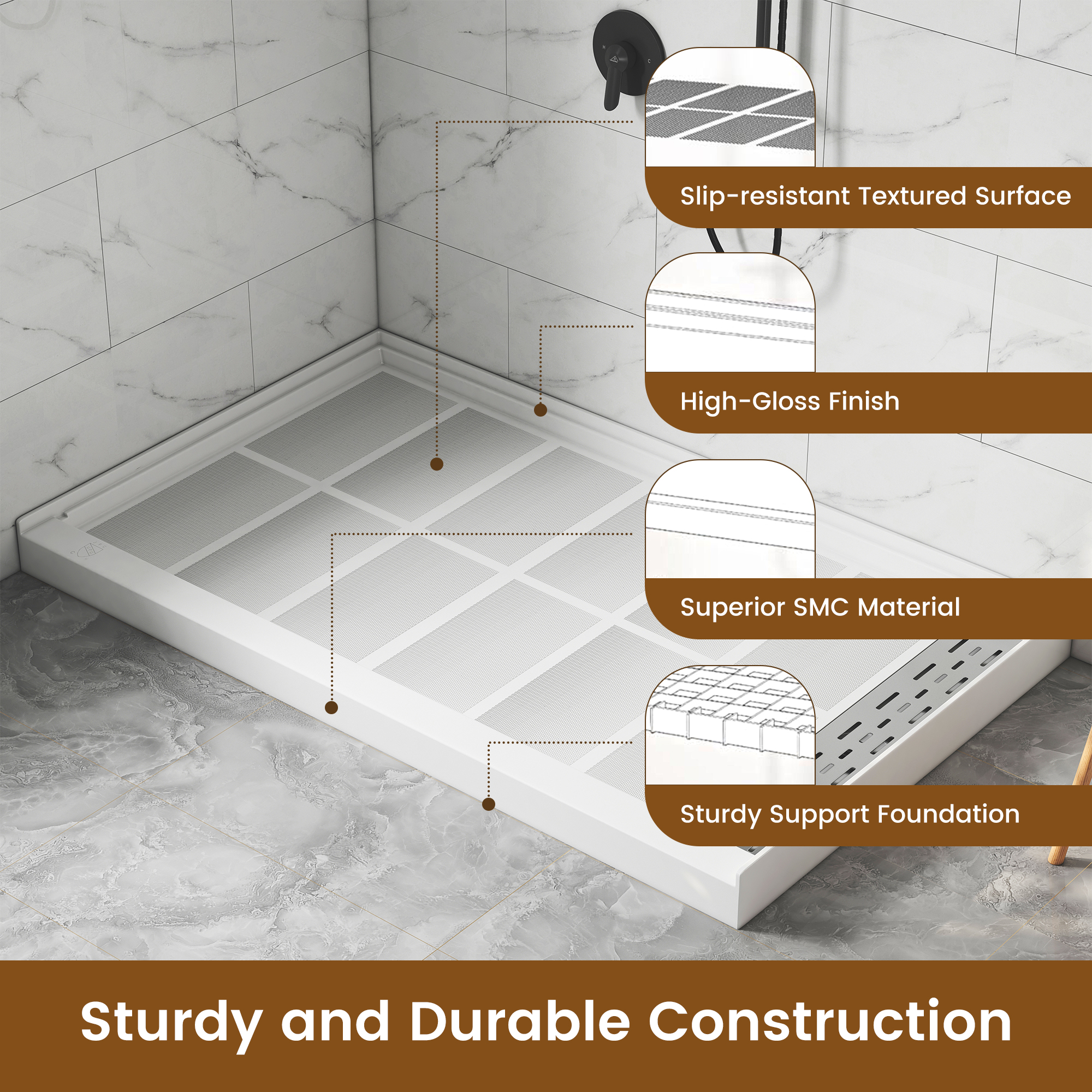60"x36" White SMC Rectangle Single Threshold Shower Pan Base