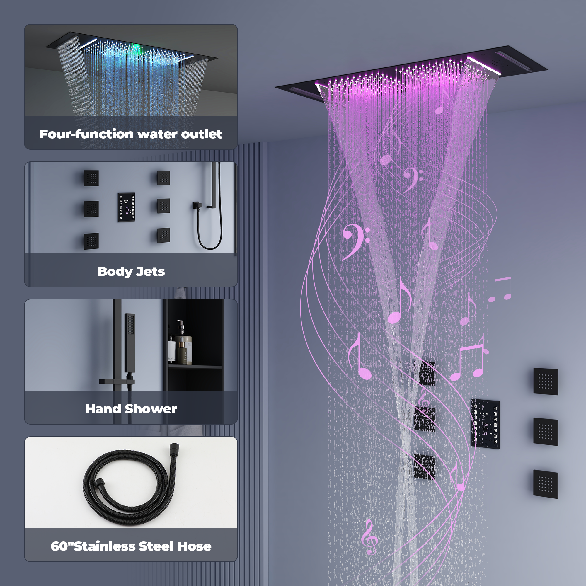 35*12 inch 6-Function Thermostatic Shower System with Digital Touch Screen & LED Lights