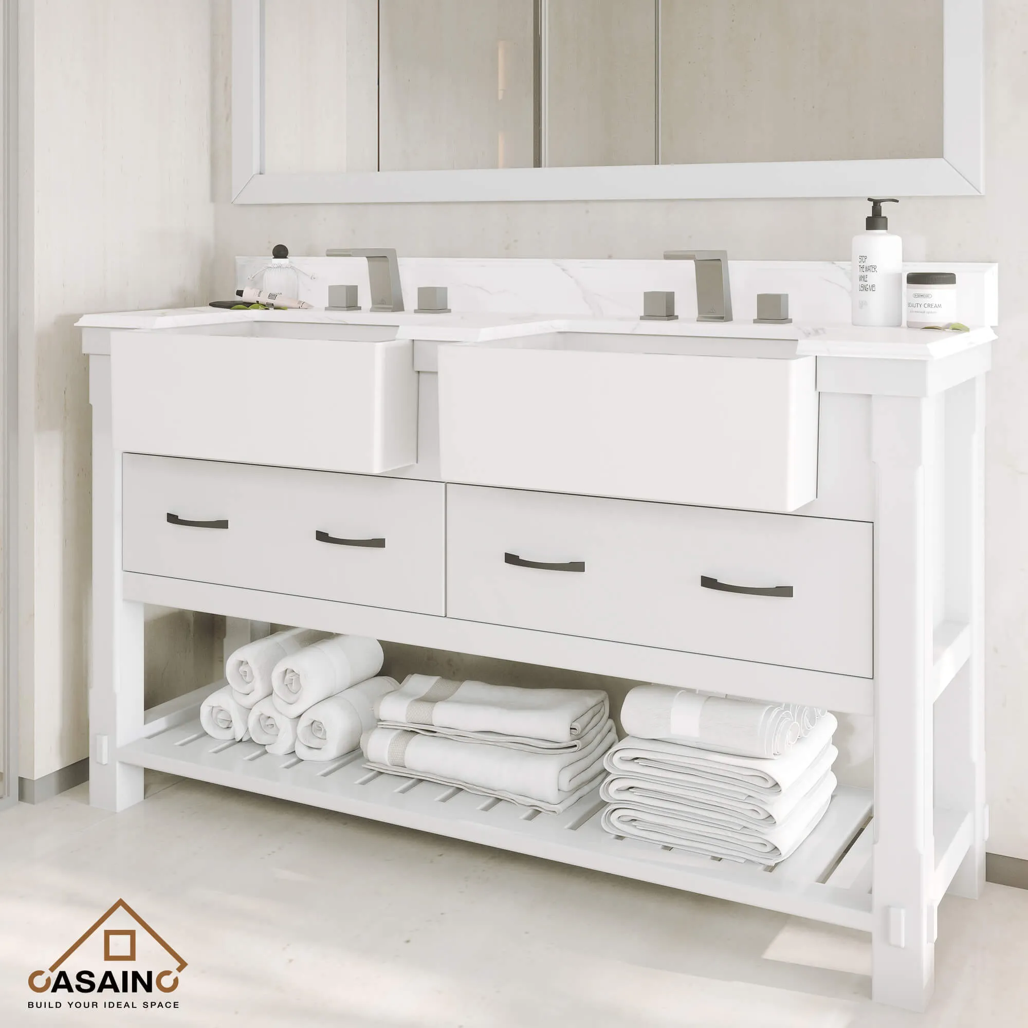 Contemporary Style White Countertops and White Walls with Double Vanity Stone Countertop in Powder Room