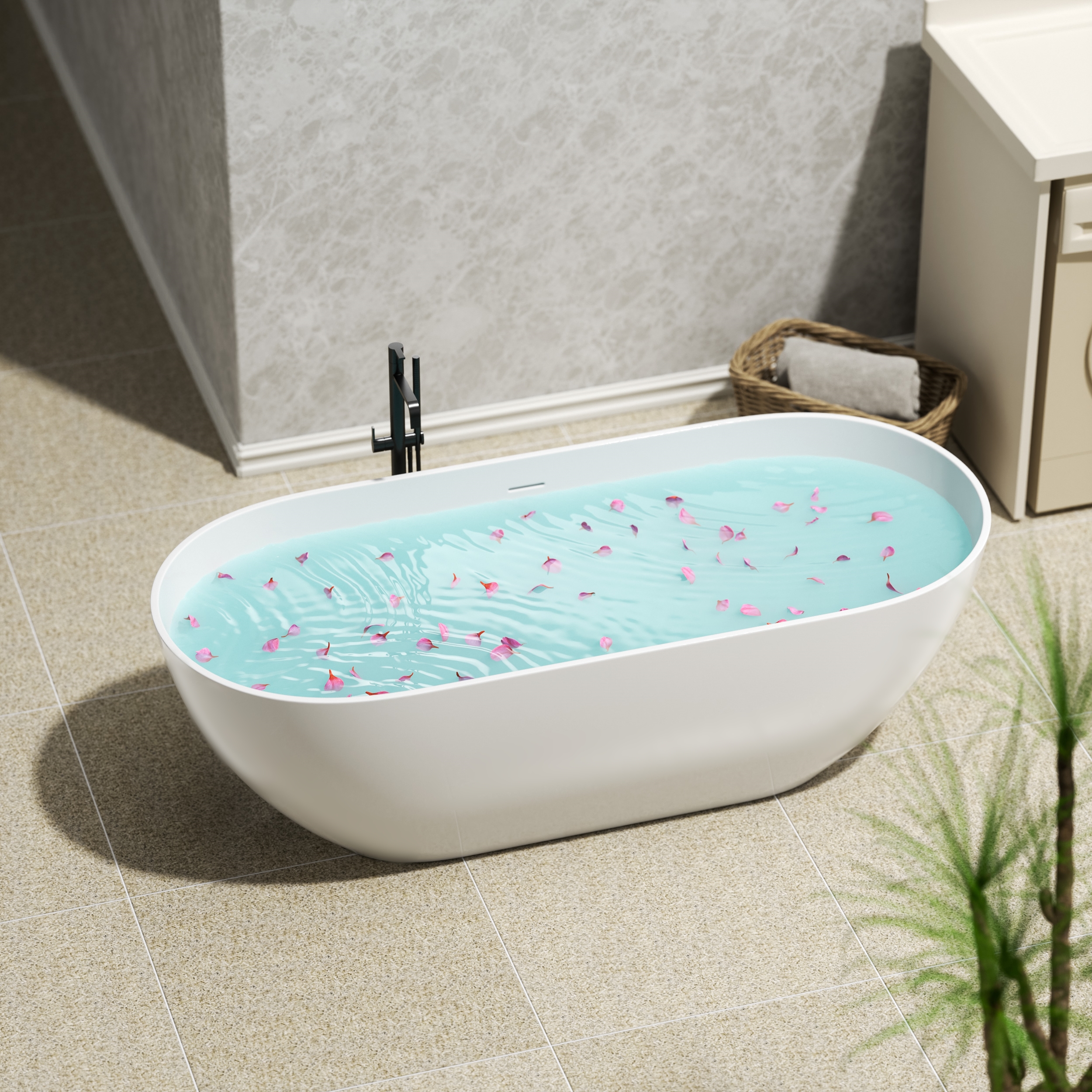 59"/63"/69" Modern Stone Resin Freestanding Soaking Tub with Spa-Level Comfort