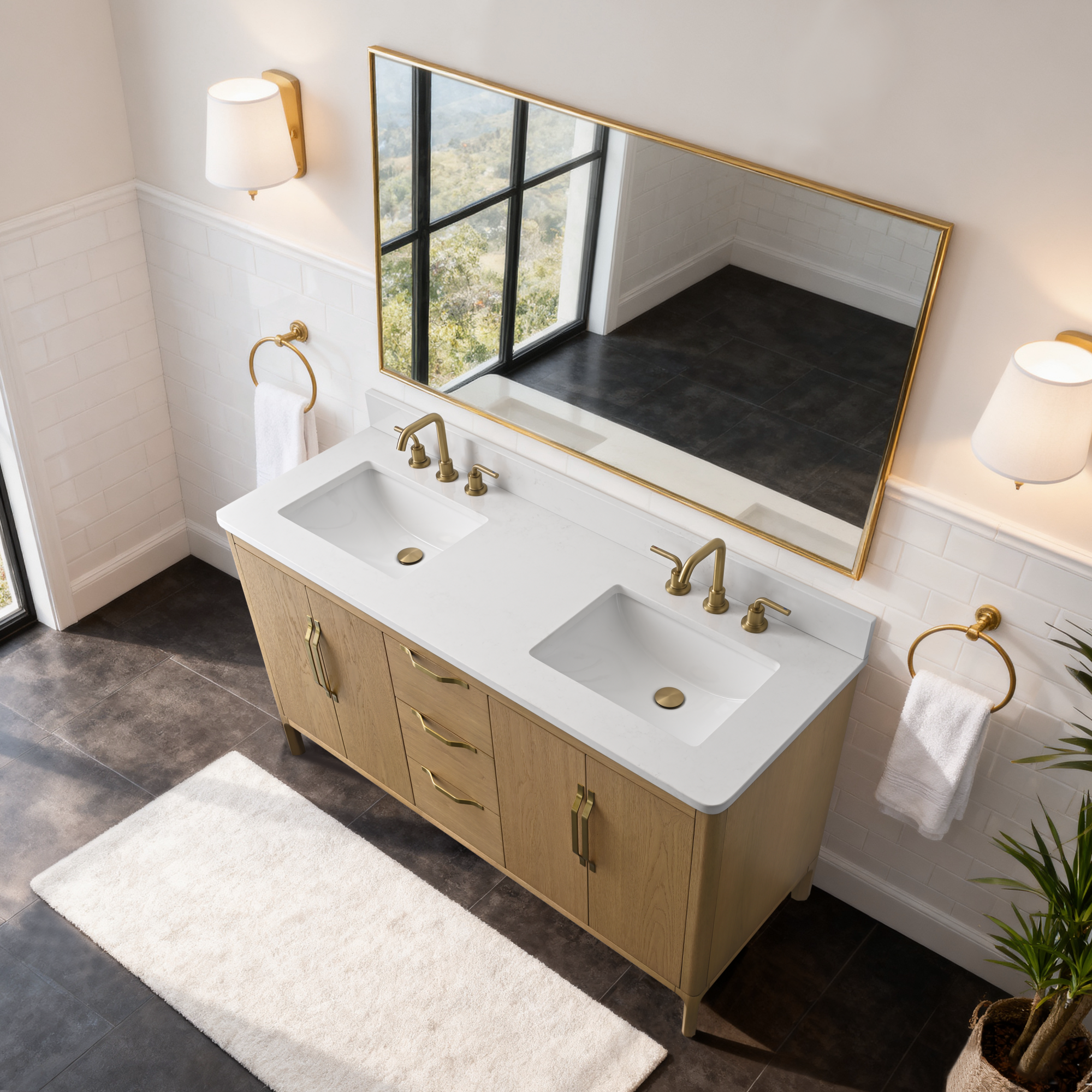 60-inch Bathroom Vanity with Carrara White Engineering Stone Top