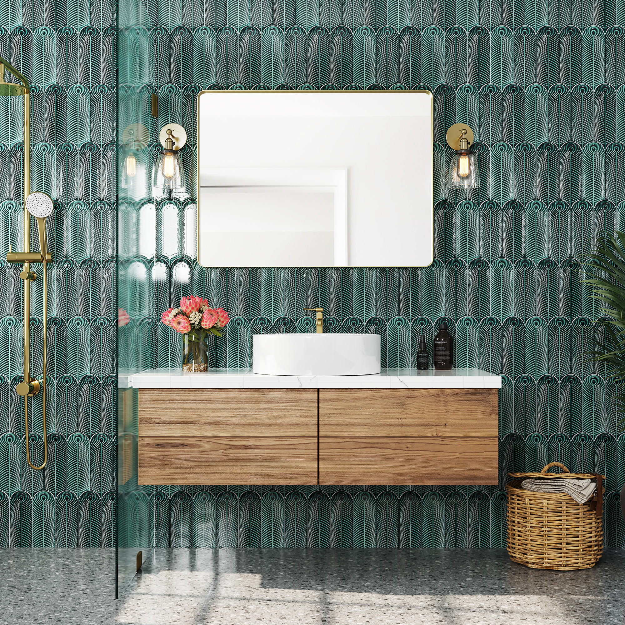 Tempered Glass Wall-Mounted Mirror with Gold Metal Frame