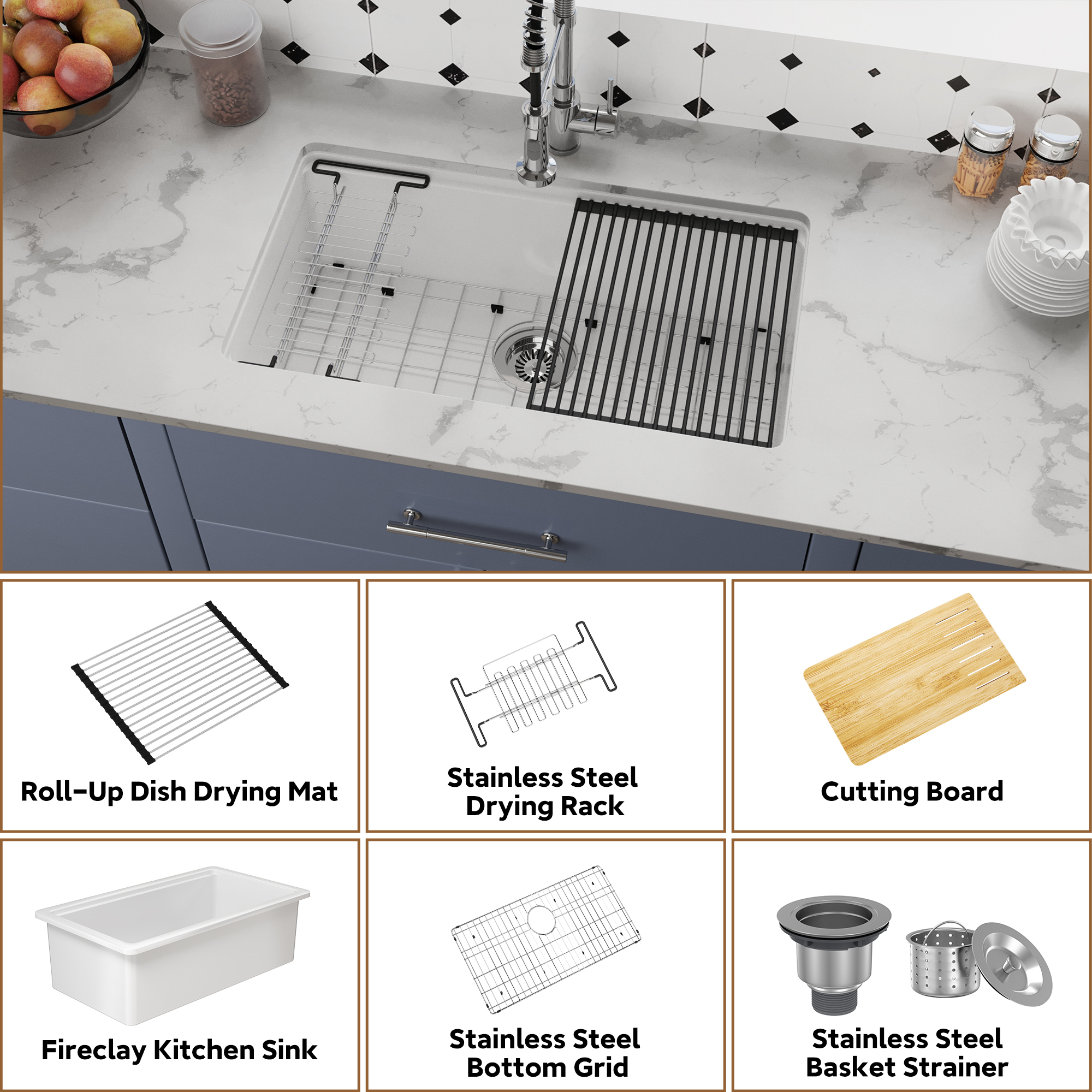 33 Inch White Fireclay Kitchen Sink Undermount Single Bowl with Sleek Glossy Finish