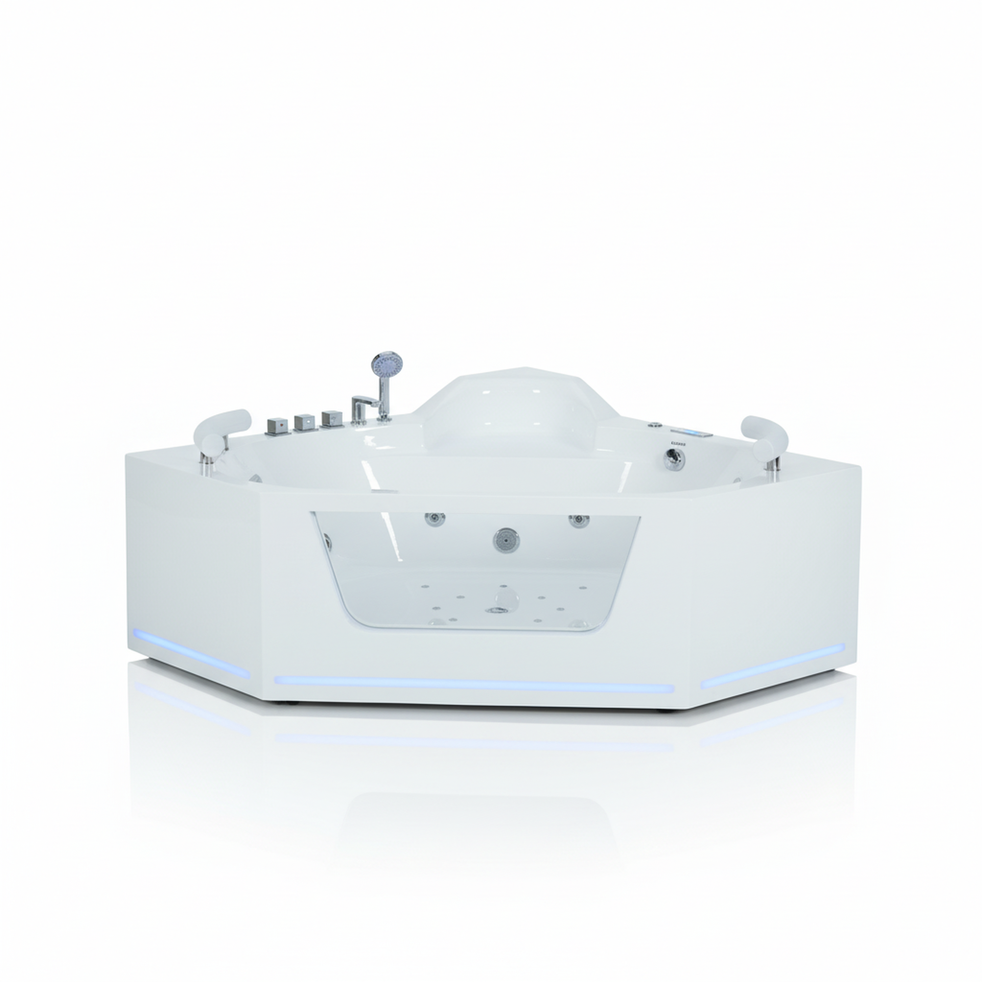 62" Acrylic Polygonal Corner Massage Tub with LED Hydrotherapy & Shoulder Waterfalls