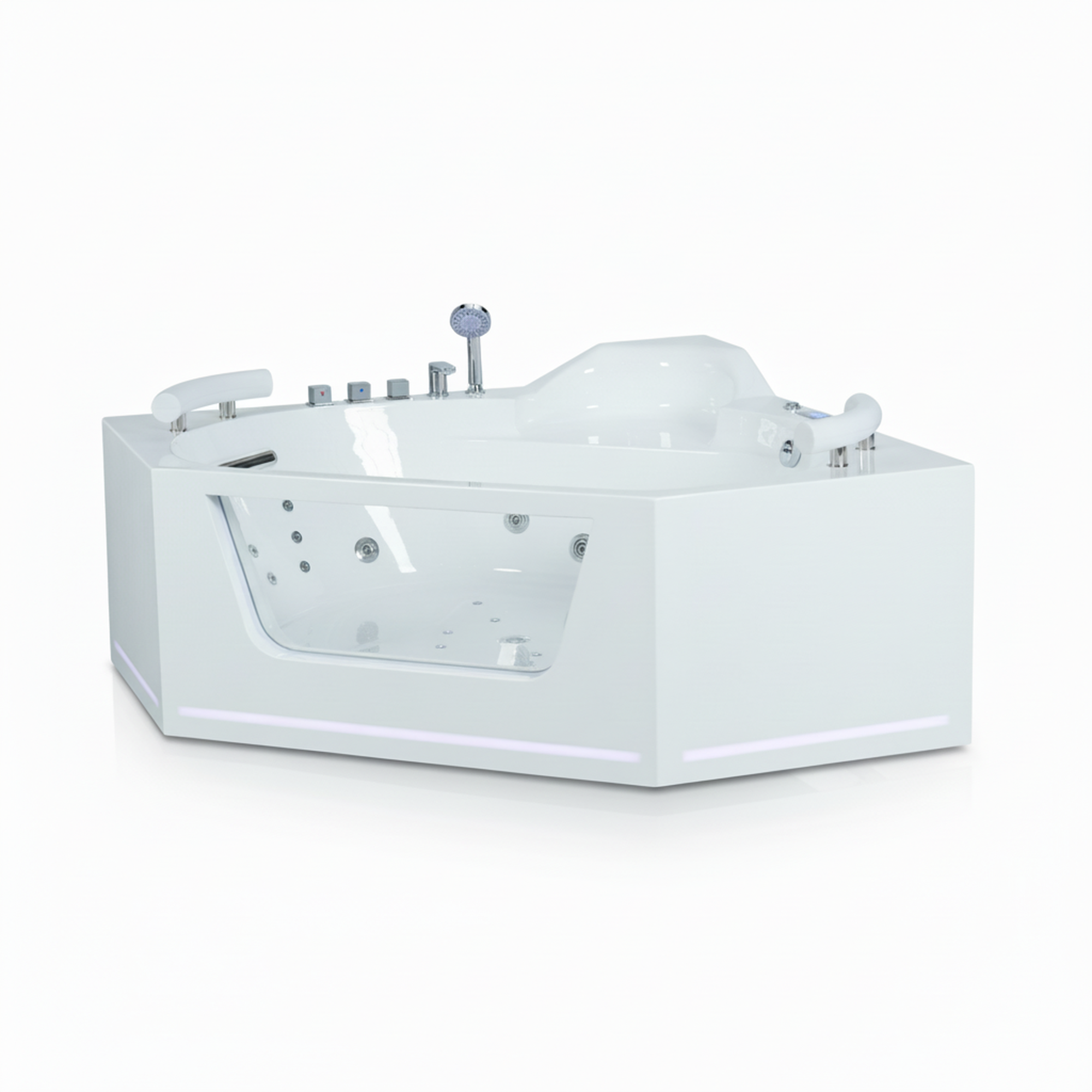 62" Acrylic Polygonal Corner Massage Tub with LED Hydrotherapy & Shoulder Waterfalls