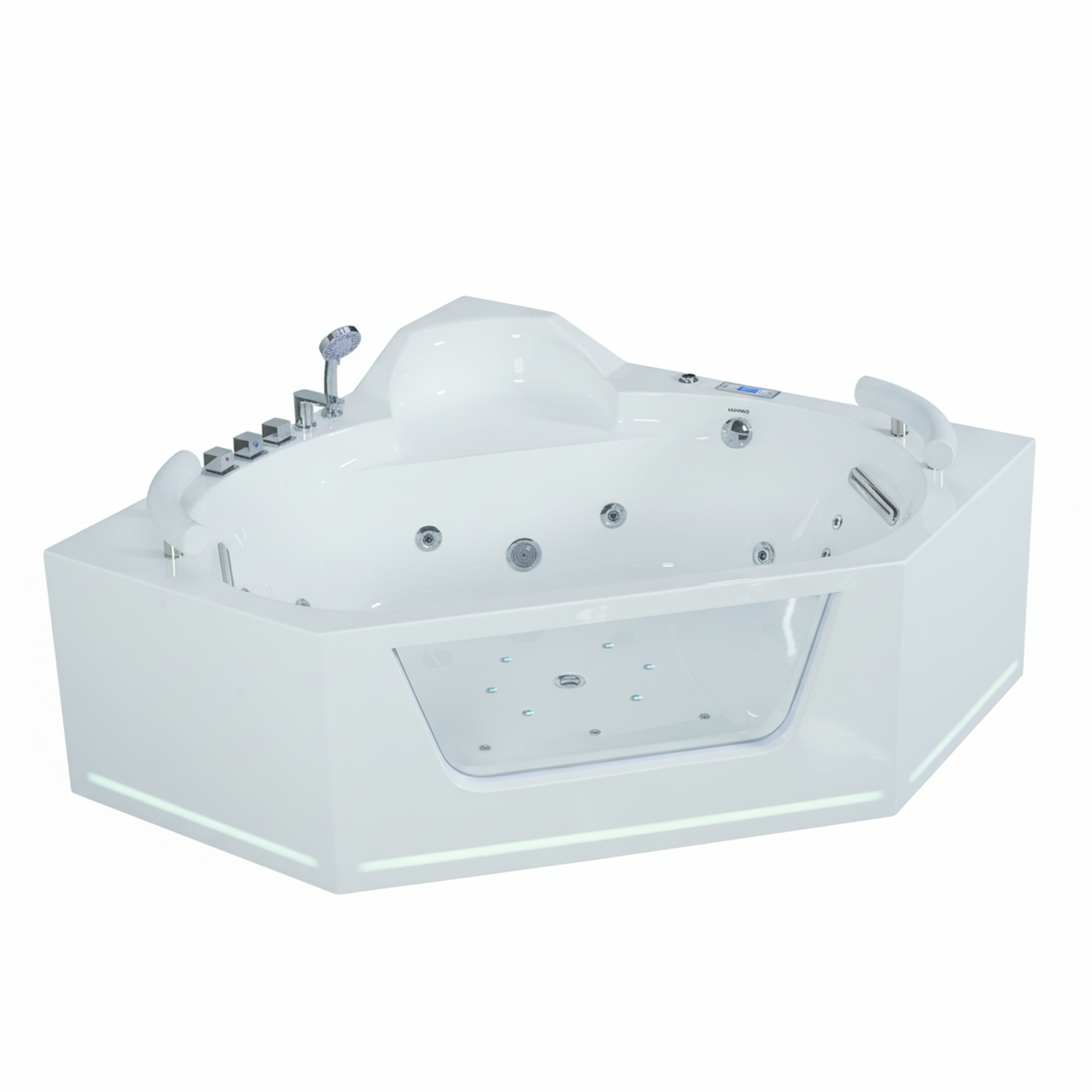62" Acrylic Polygonal Corner Massage Tub with LED Hydrotherapy & Shoulder Waterfalls