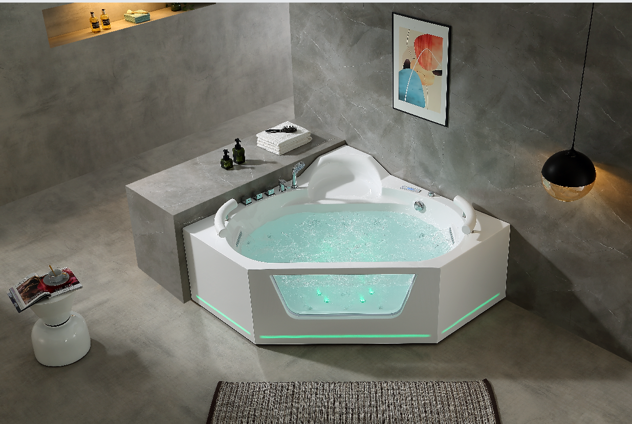 62" Acrylic Polygonal Corner Massage Tub with LED Hydrotherapy & Shoulder Waterfalls