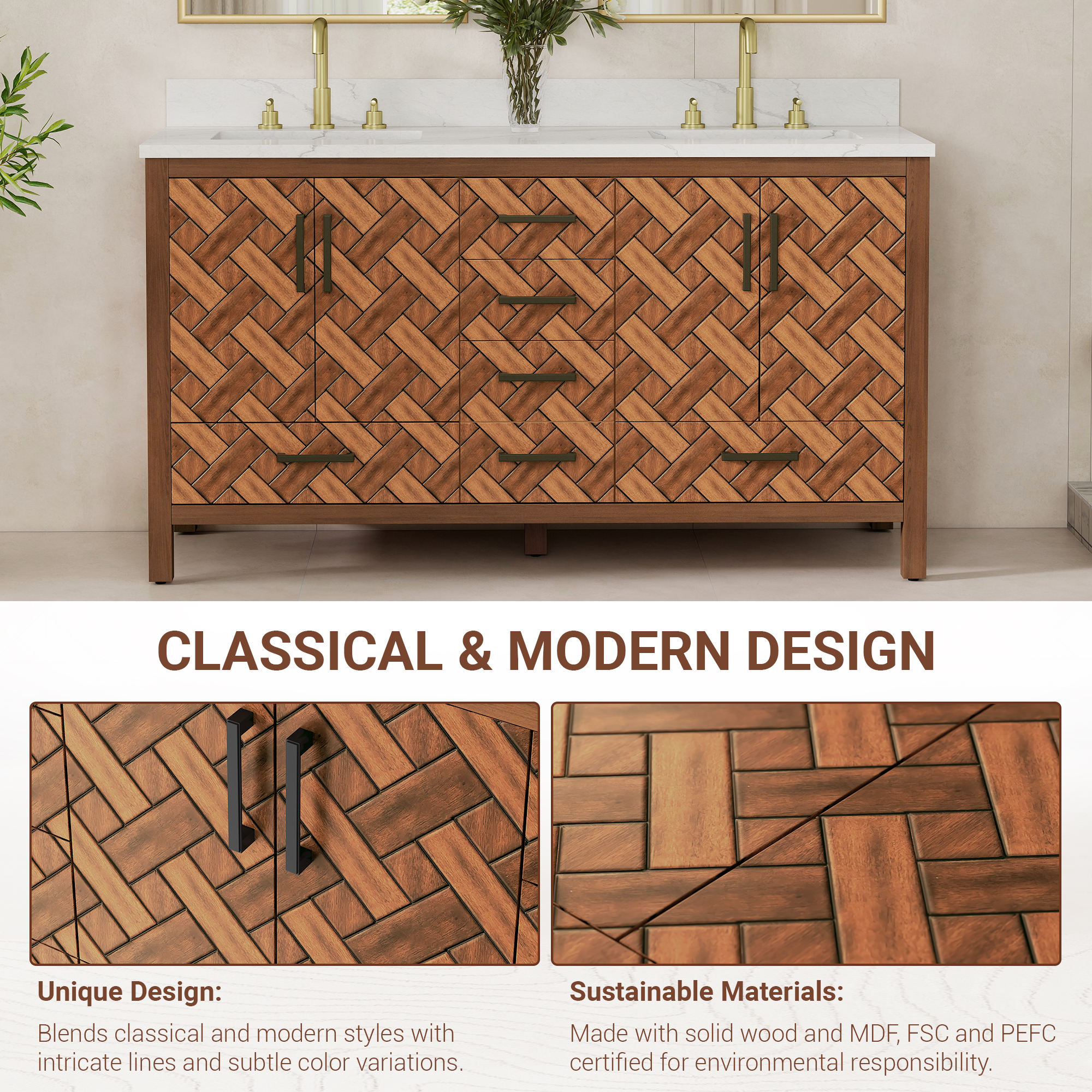 60" Double Sink Bathroom Vanity with Engineering Stone Top & 2 Basins