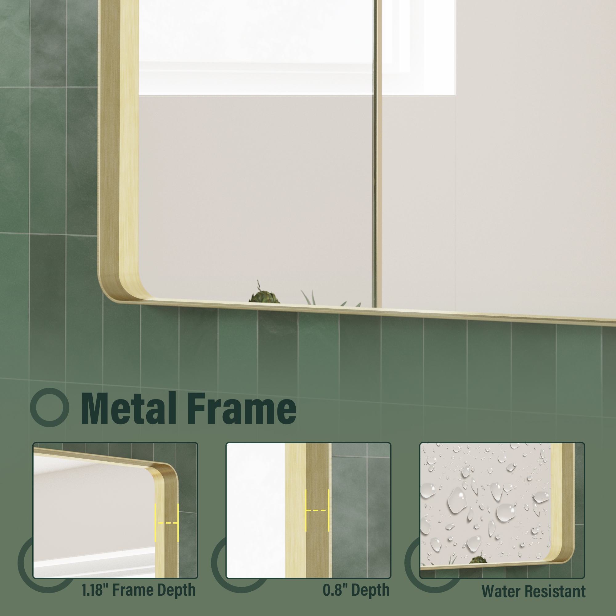 Tempered Glass Wall-Mounted Mirror with Gold Metal Frame