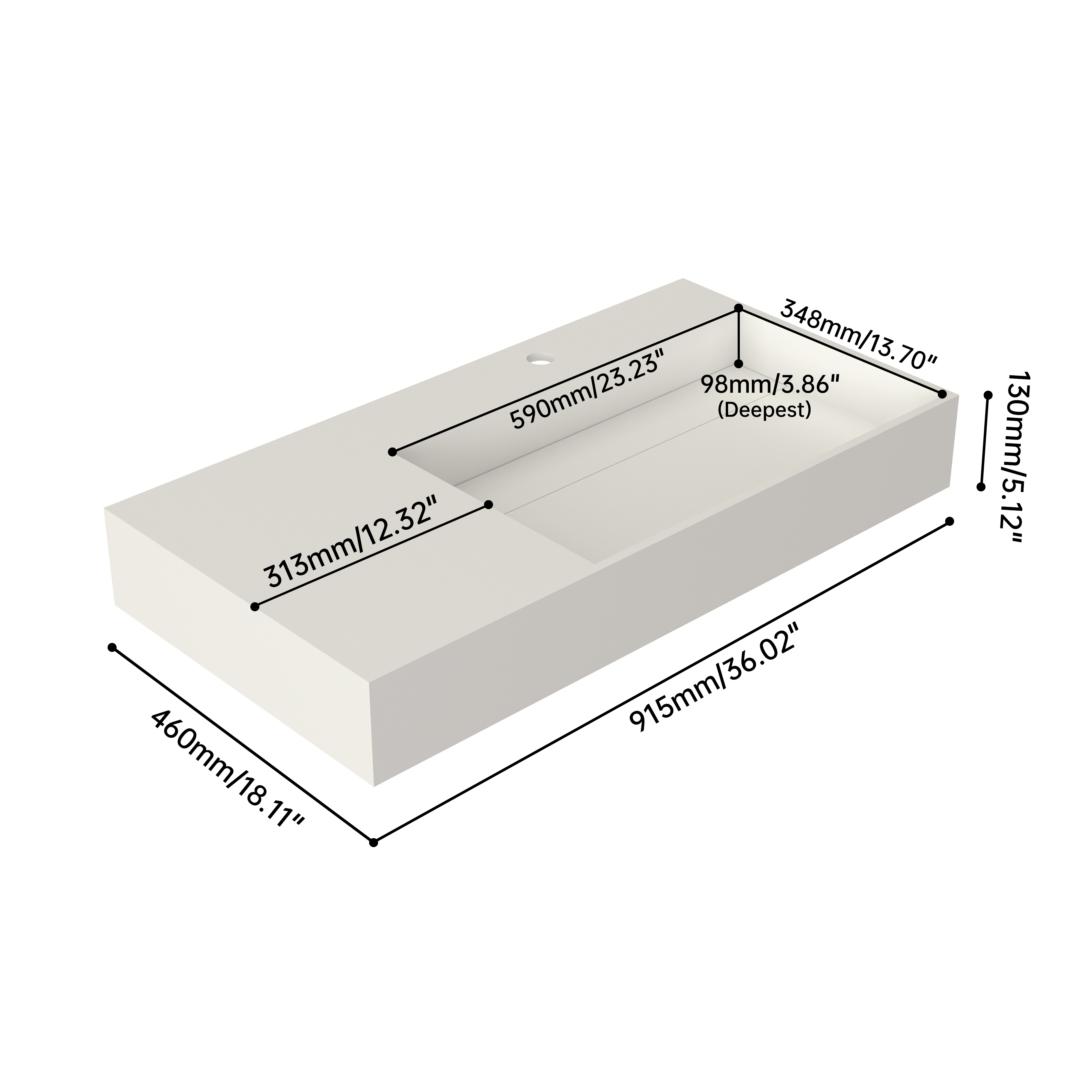 36 in. Wall-Mounted Solid Surface Bathroom Sink with Single Faucet Hole