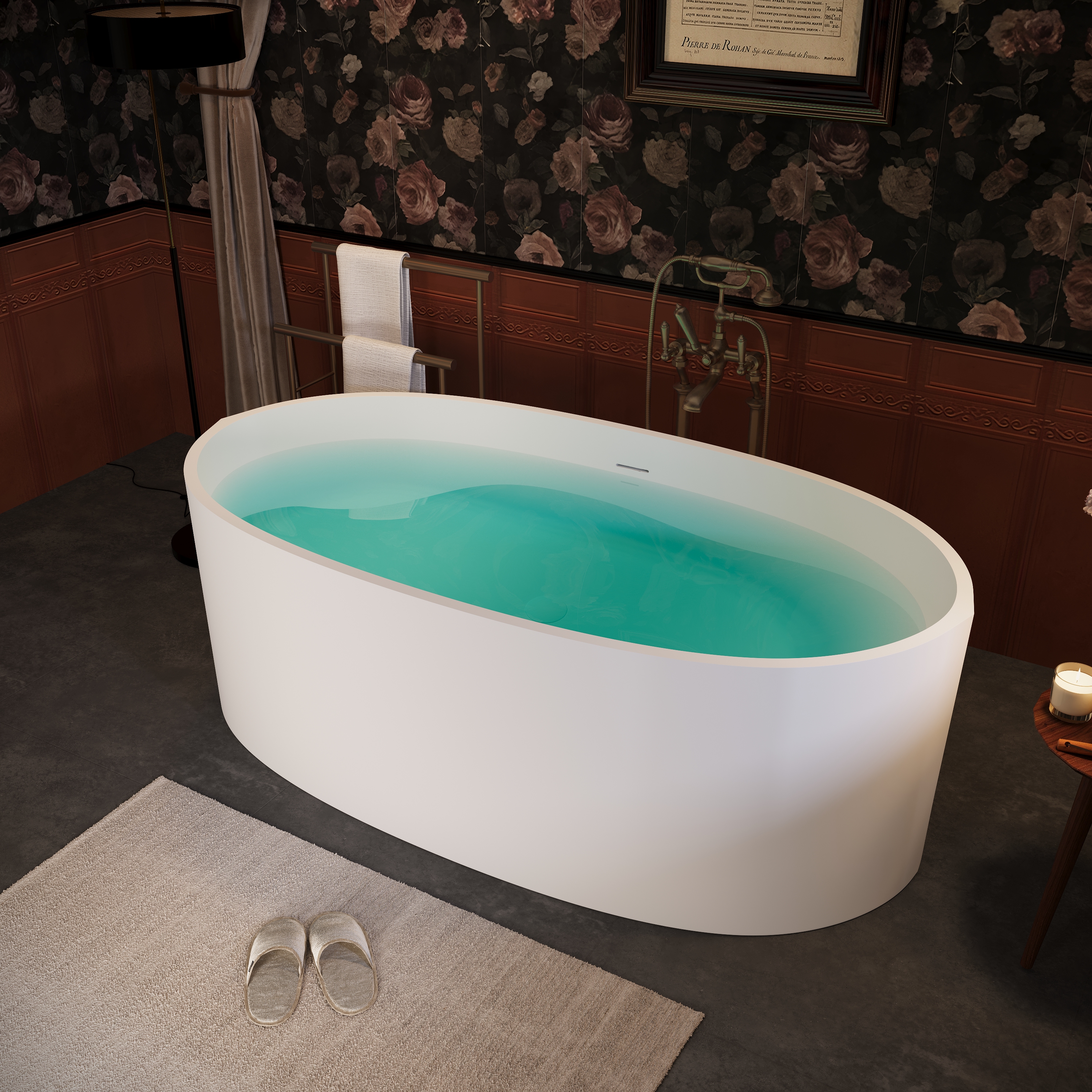 65" Modern Stone Resin Soaking Tub with Ergonomic Design & Copper Pop-Up Drain