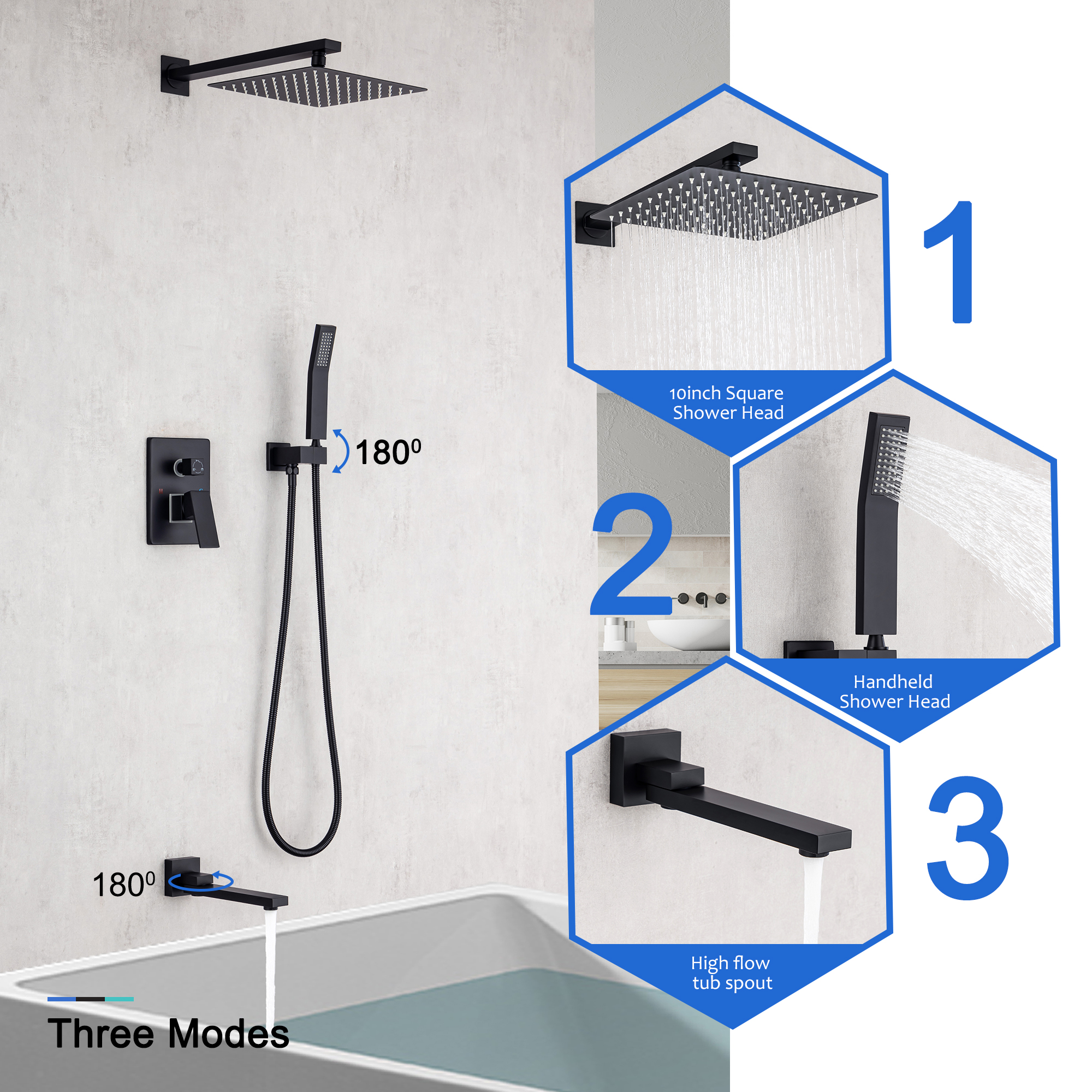 10-inch Wall-Mount Matte Black Shower System with Tub Filler