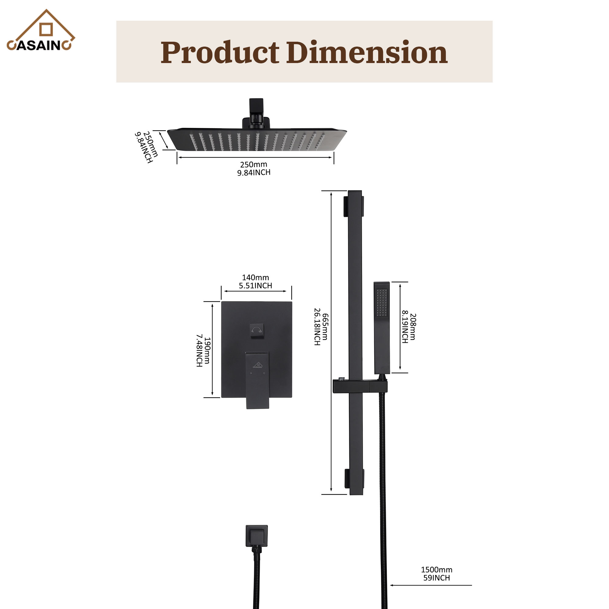 10" Wall Mount Rain Shower Shower System With Hand Shower & Slide Bar