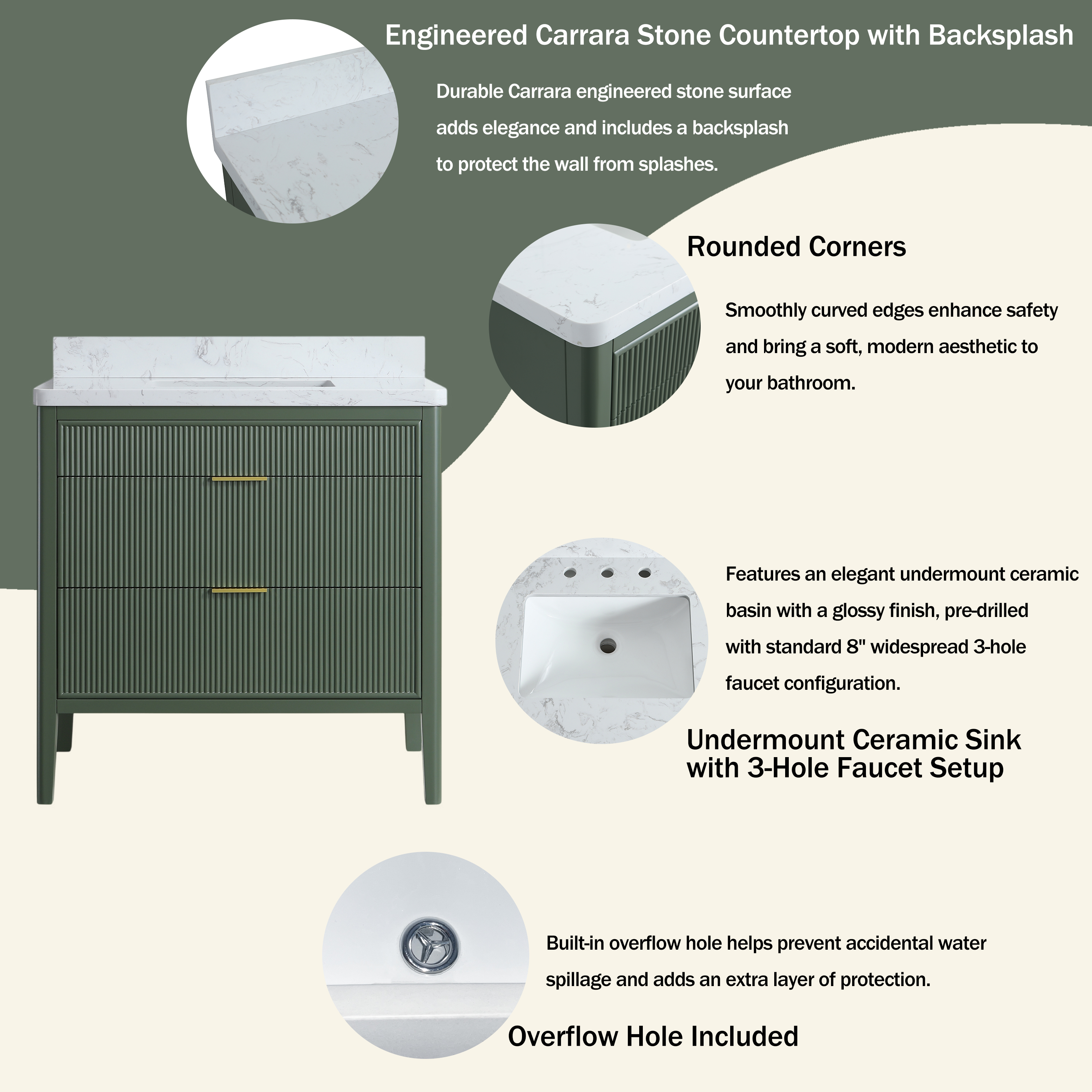 30"/36"/48" Freestanding Single Sink Bathroom Vanity with Solid Wood Construction & Marble Top