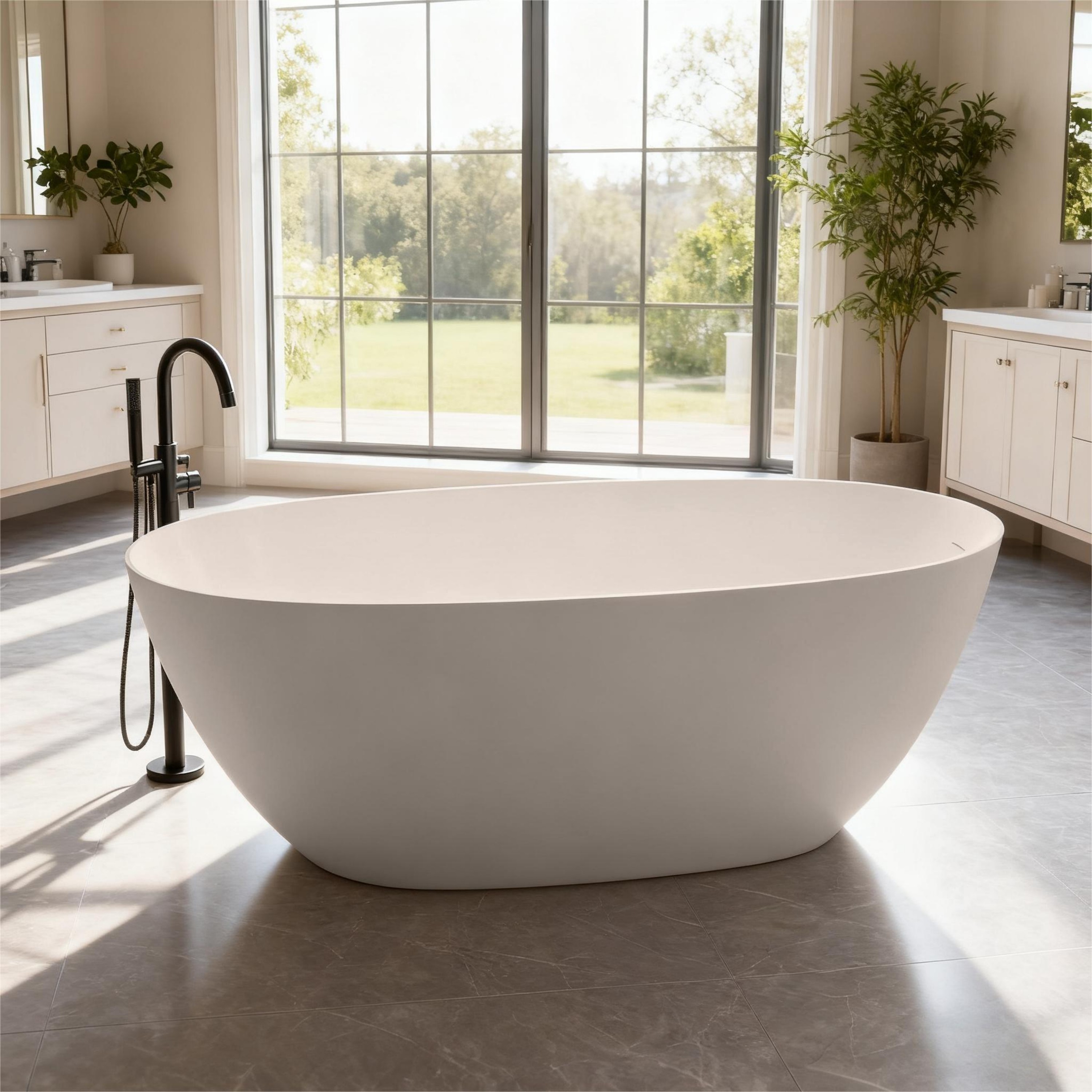 57"/61"/65"/69" Minimalist Solid Surface Freestanding Bathtub in Pine Crest and Shadow Whisper