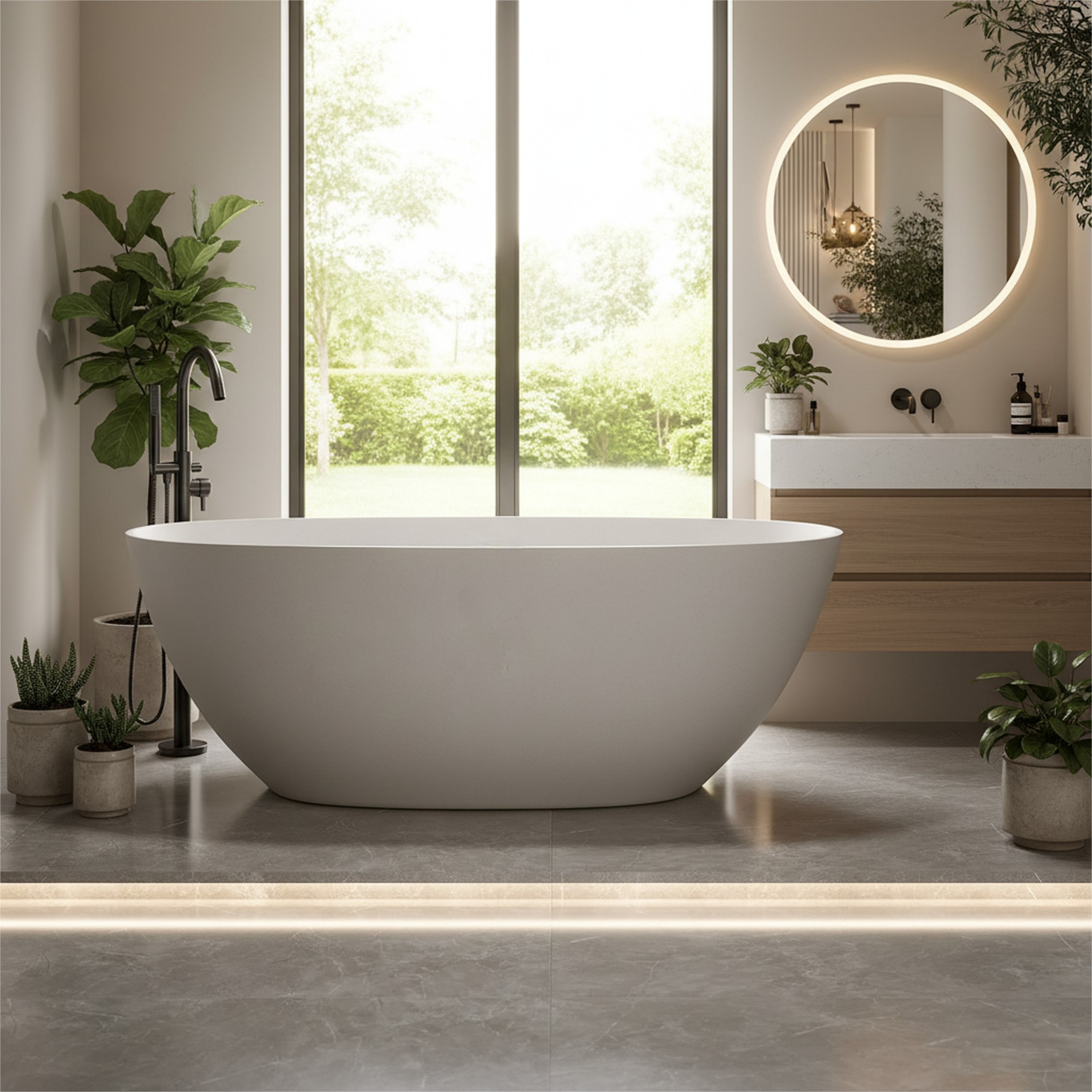 57"/61"/65"/69" Minimalist Solid Surface Freestanding Bathtub in Pine Crest and Shadow Whisper