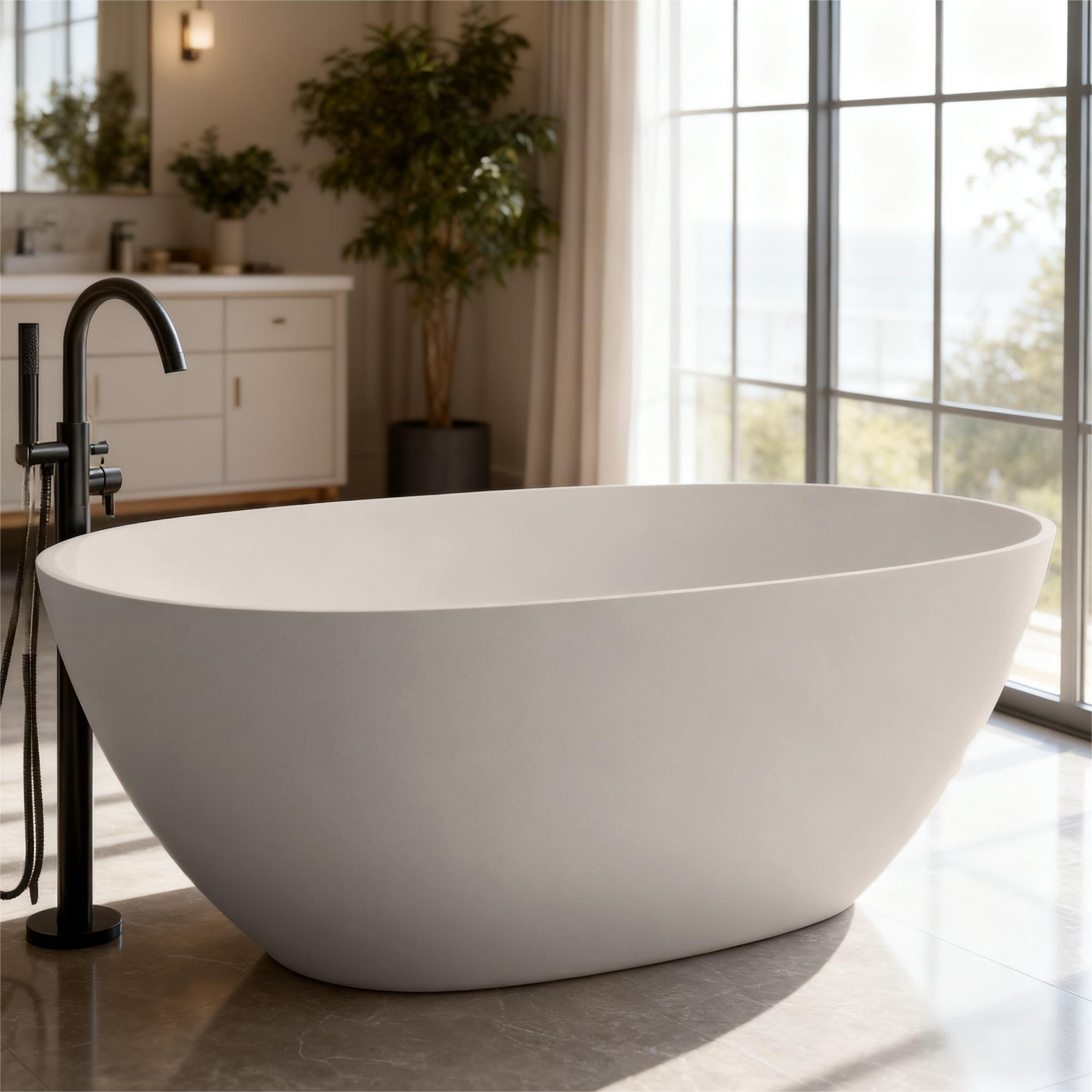 57"/61"/65"/69" Minimalist Solid Surface Freestanding Bathtub in Pine Crest and Shadow Whisper