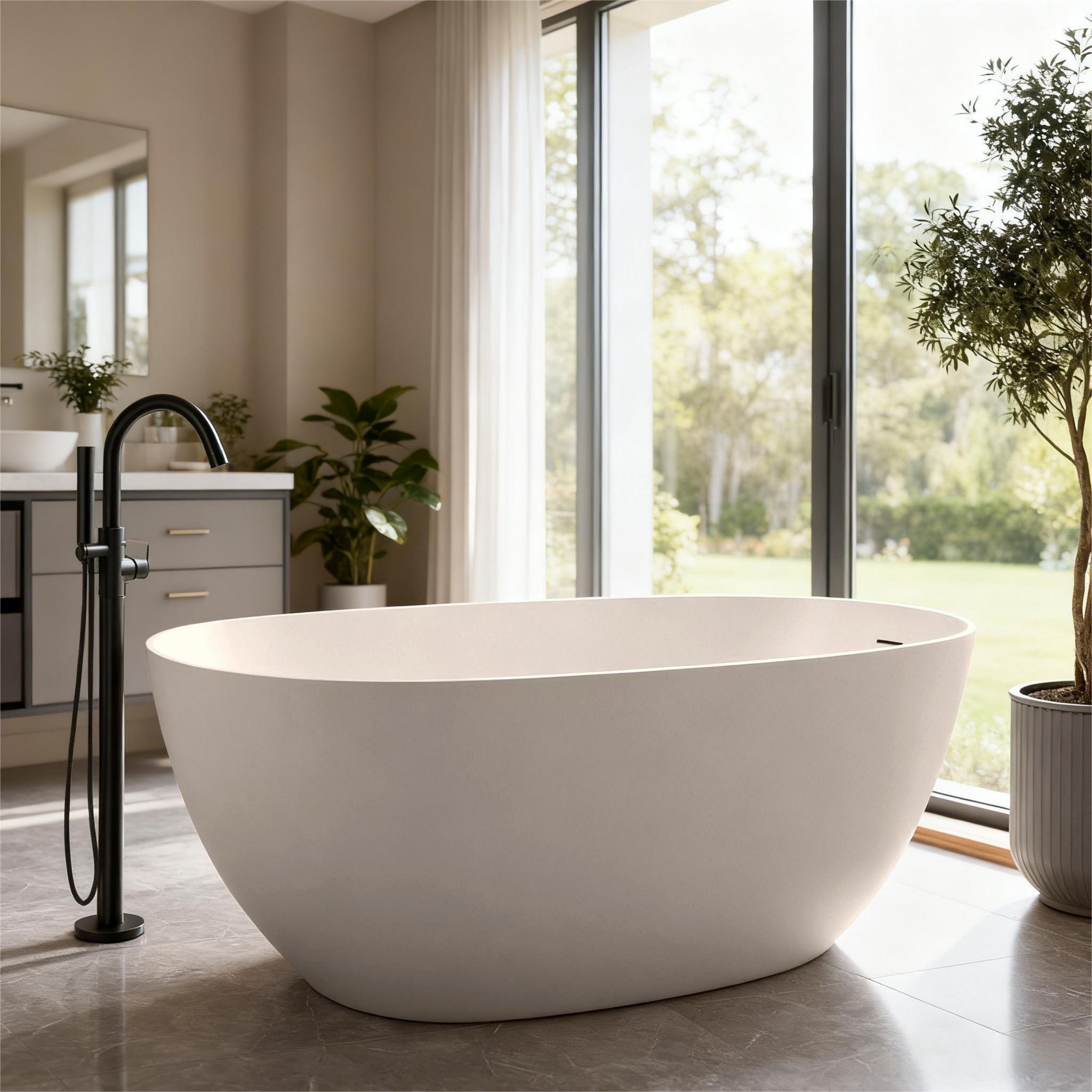 57"/61"/65"/69" Minimalist Solid Surface Freestanding Bathtub in Pine Crest and Shadow Whisper