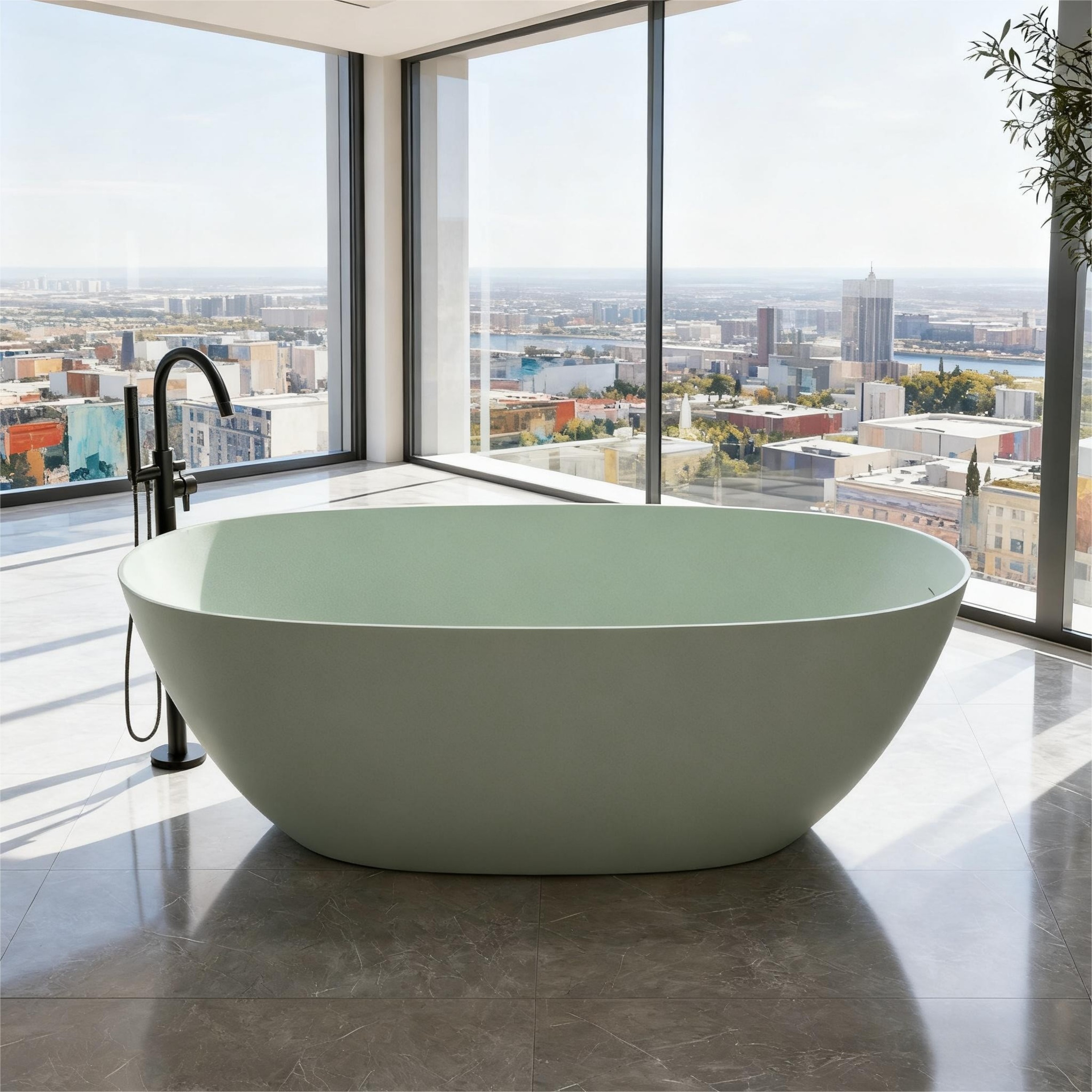 57"/61"/65"/69" Minimalist Solid Surface Freestanding Bathtub in Pine Crest and Shadow Whisper