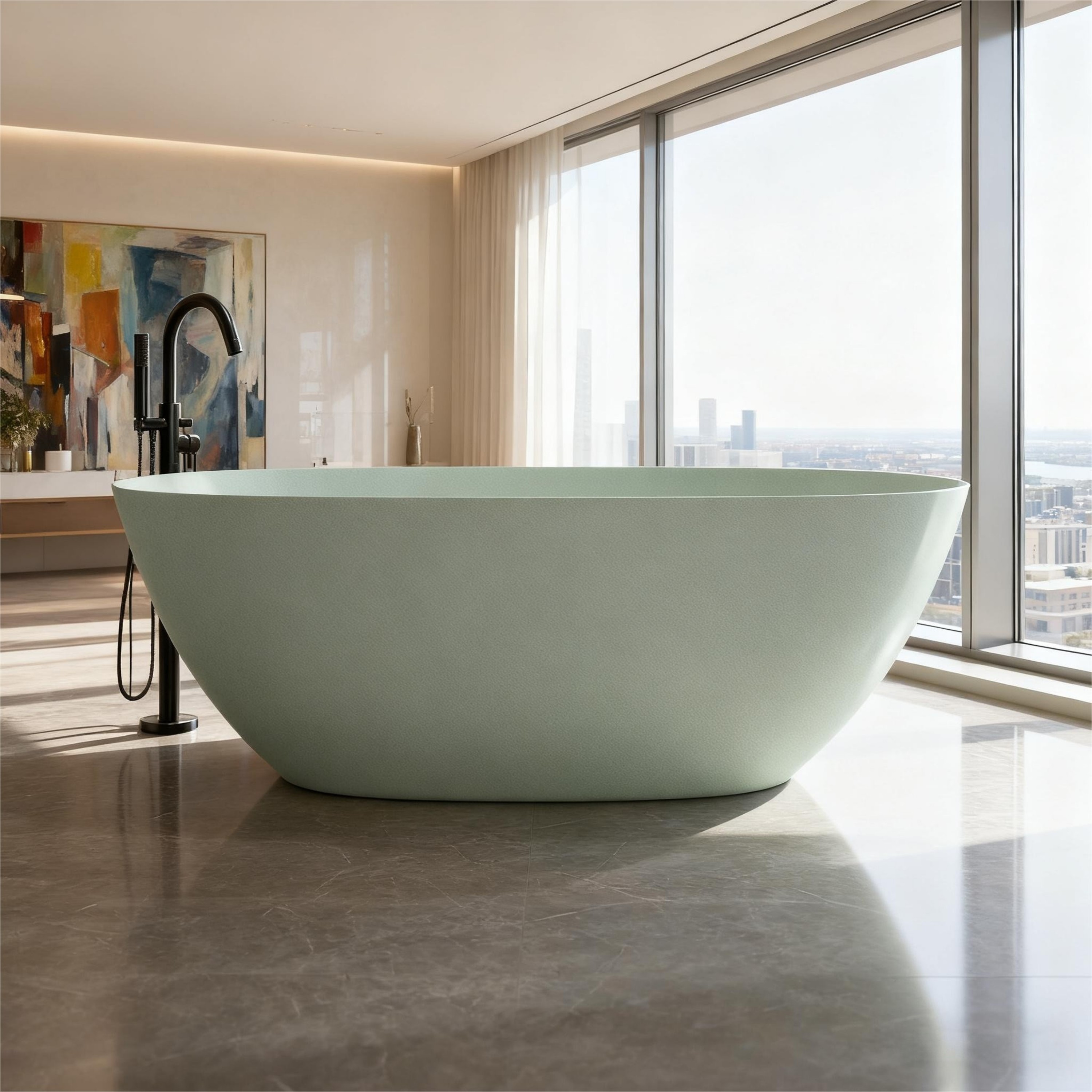 57"/61"/65"/69" Minimalist Solid Surface Freestanding Bathtub in Pine Crest and Shadow Whisper