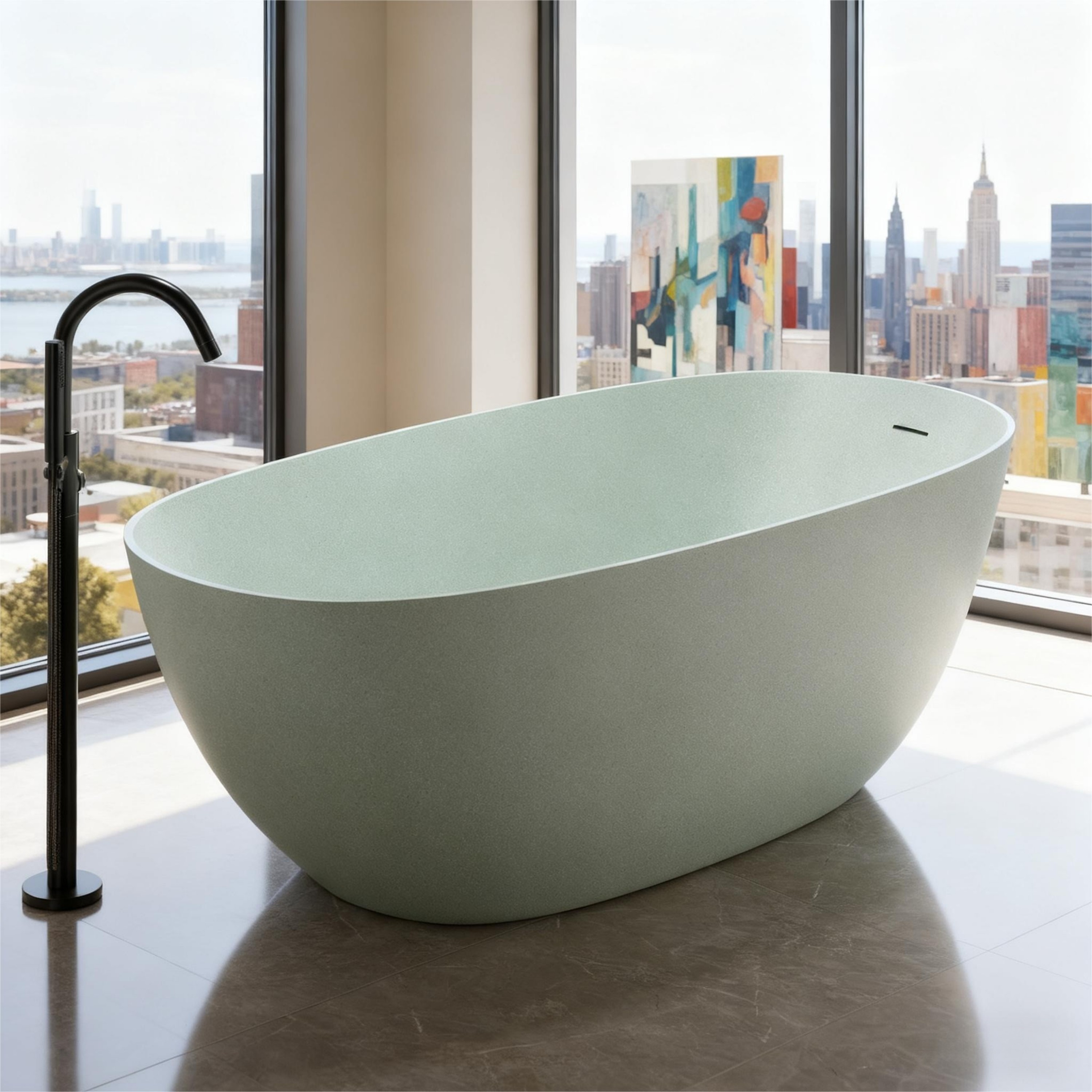 57"/61"/65"/69" Minimalist Solid Surface Freestanding Bathtub in Pine Crest and Shadow Whisper