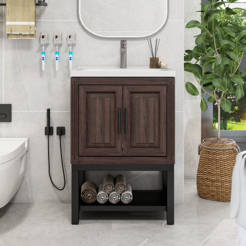 Freestanding Bathroom Vanity with White Ceramic Sink & Hot and Cold Faucet