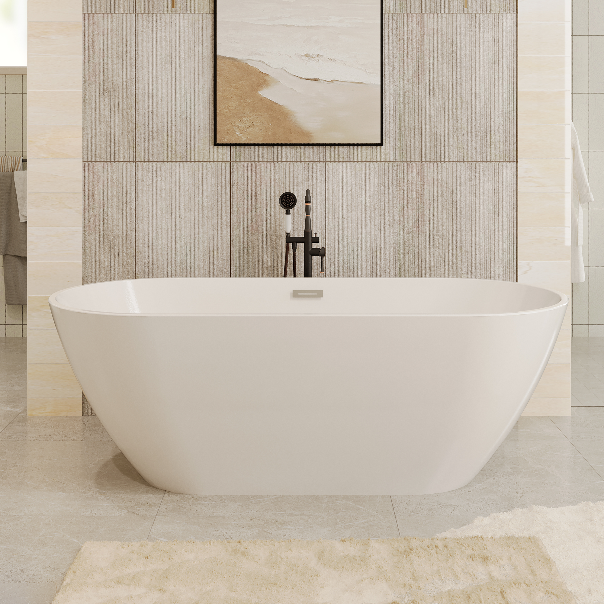 55" Glossy White Acrylic Freestanding Soaking Bathtub with Chrome Overflow and Drain, cUPC Certified