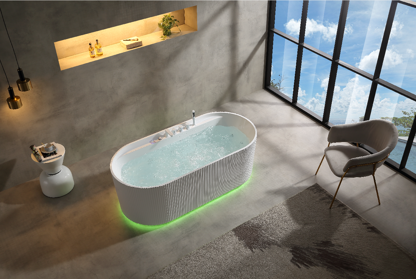 67" Freestanding Acrylic Tub with Dual Whirlpool & Air Massage, LED Skirt Lighting, Bluetooth & Aromatherapy