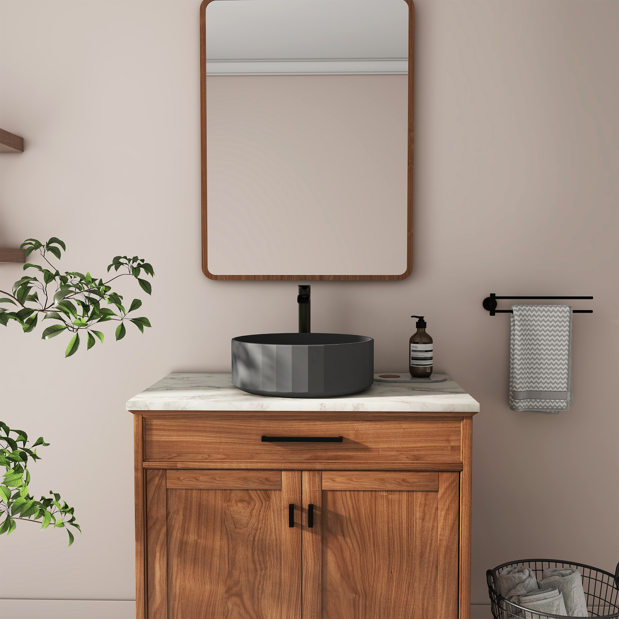 17in Bathroom Concrete Round Vessel Sink with Drainer in Black Earth / Mottled Bluish Grey / Taupe Clay