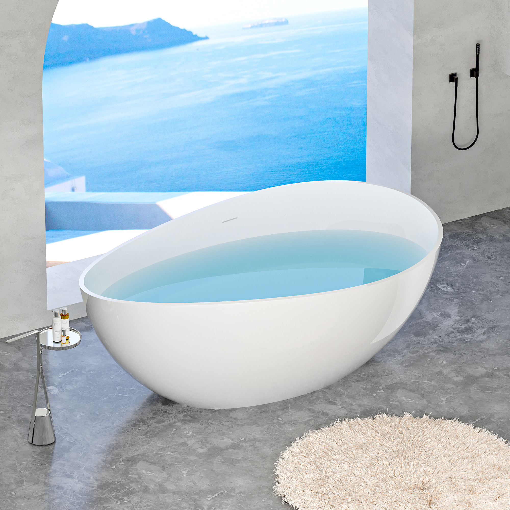 63" Unique Shaped Solid Surface Freestanding Bathtub with Warm-Touch Insulation