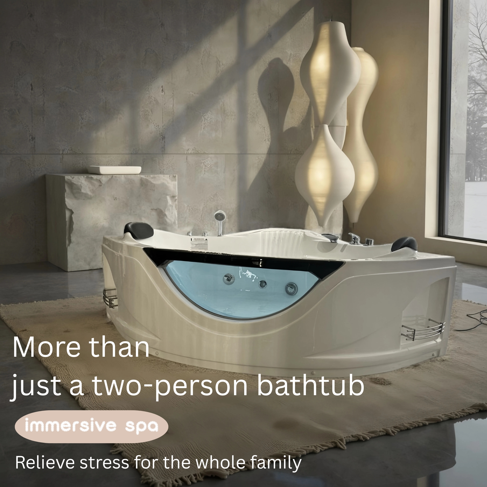 59" Corner Whirlpool Massage Bathtub for 2 Persons with Hydrotherapy Jets & LED Mood Lighting