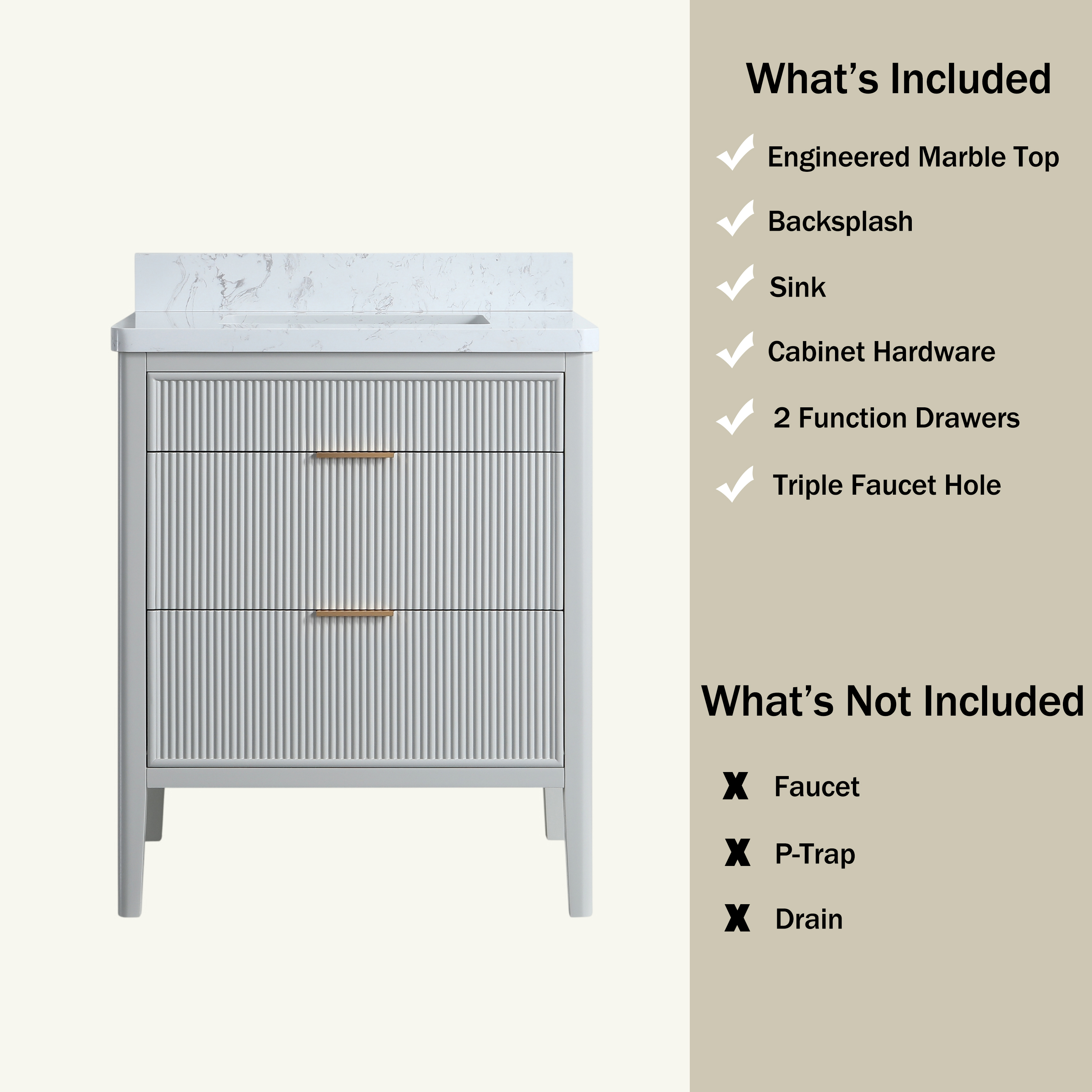 30"/36"/48" Freestanding Single Sink Bathroom Vanity with Solid Wood Construction & Marble Top