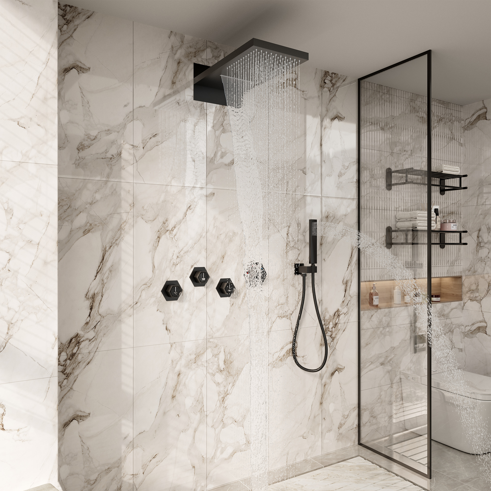 22" Wall-Mount Thermostatic Shower System with 64-Color LED & Built-In Music