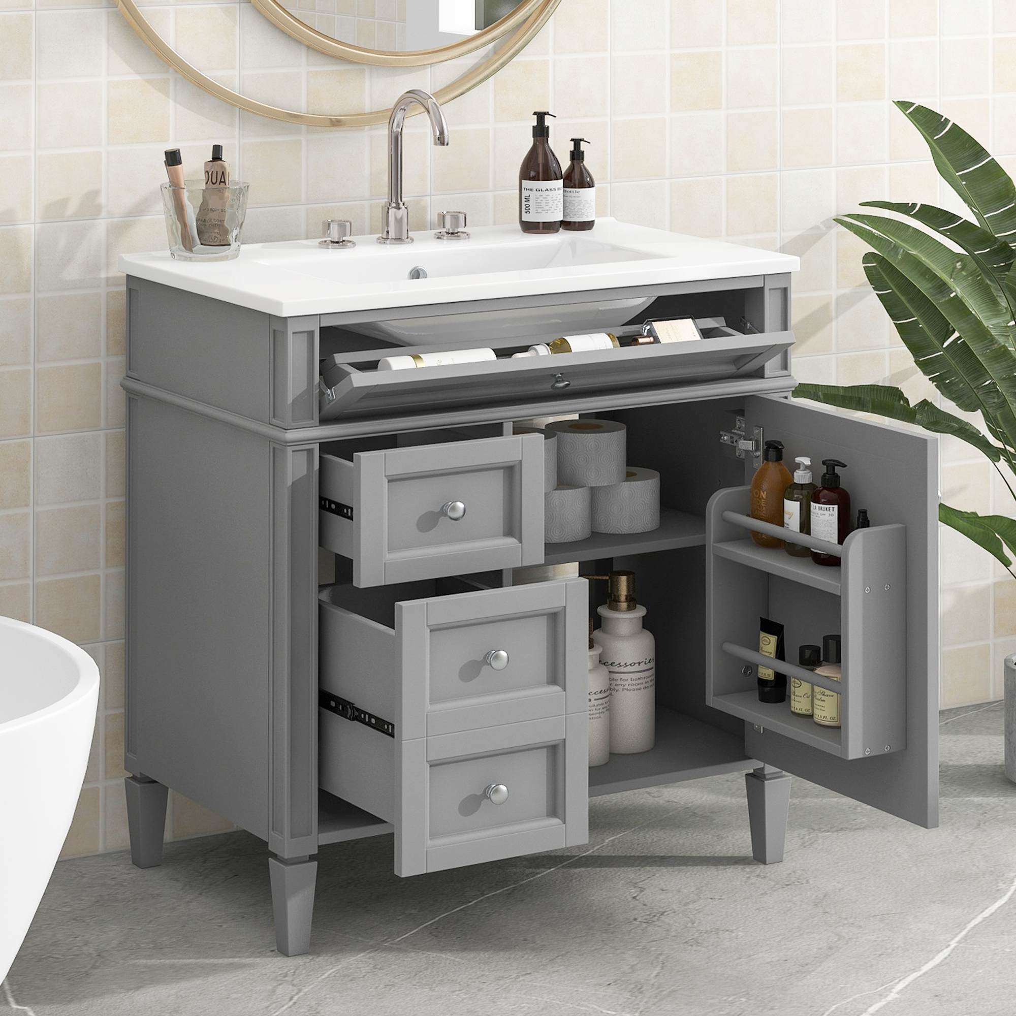 30"/36" Freestanding Bathroom Vanity in Grey with 2 Drawers and a Tip-out Drawer