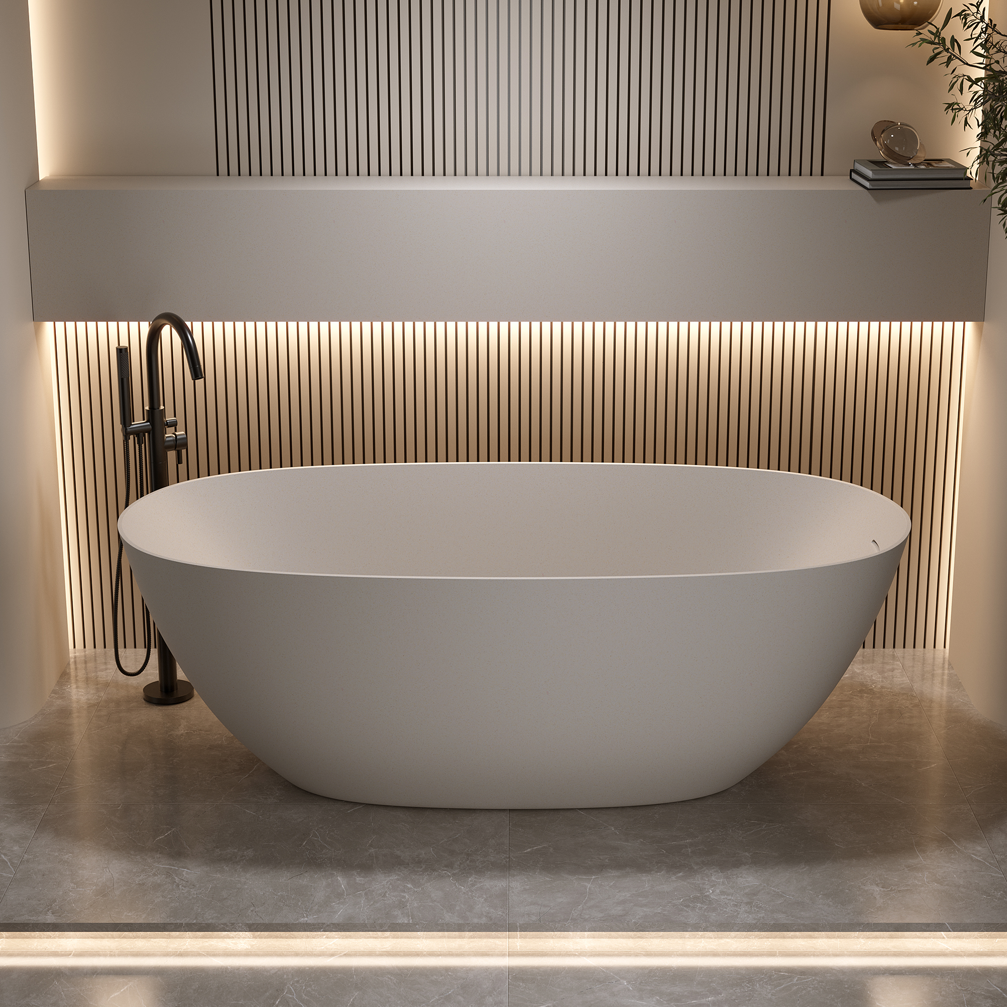 57"/61"/65"/69" Minimalist Solid Surface Freestanding Bathtub in Pine Crest and Shadow Whisper
