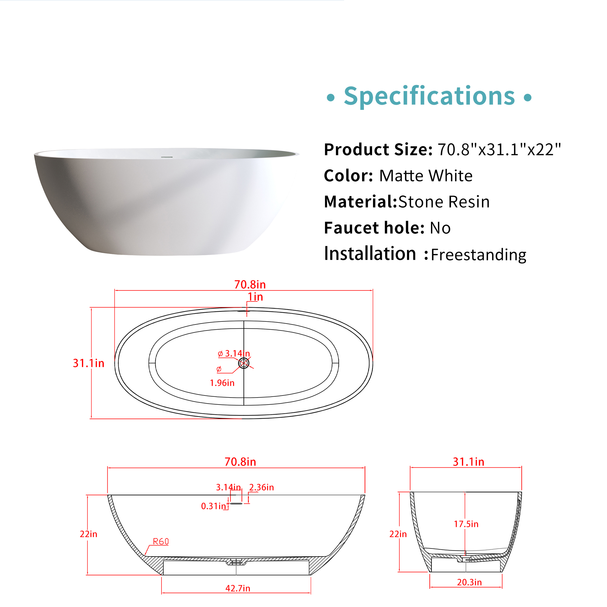 55"/59"/63"/67"/71" Freestanding Solid Surface Soaking Bathtub with Smooth Matte Finish