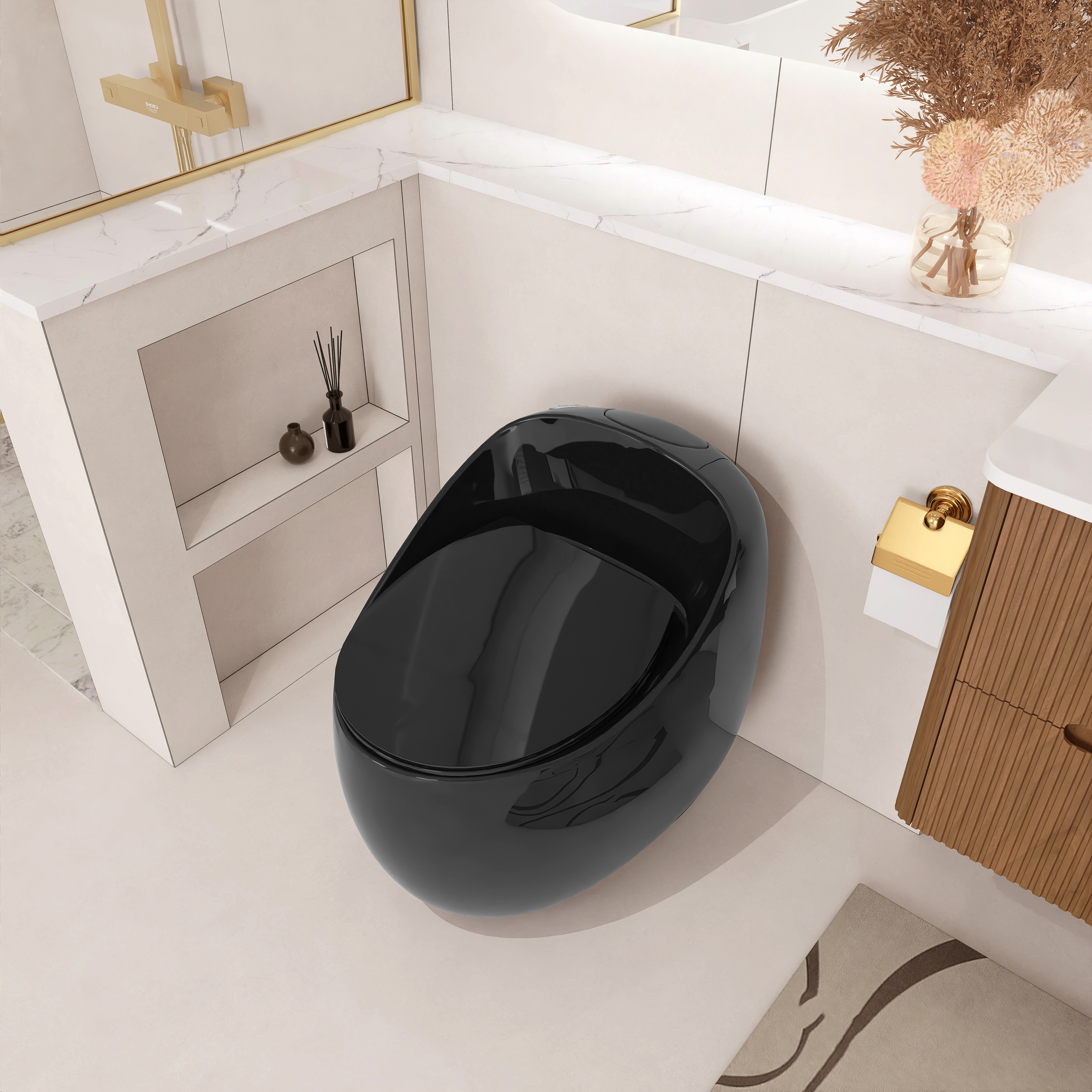 Egg Shape 1-Piece Toilet in Glossy White/Black with 1.28 GPF Single Flush