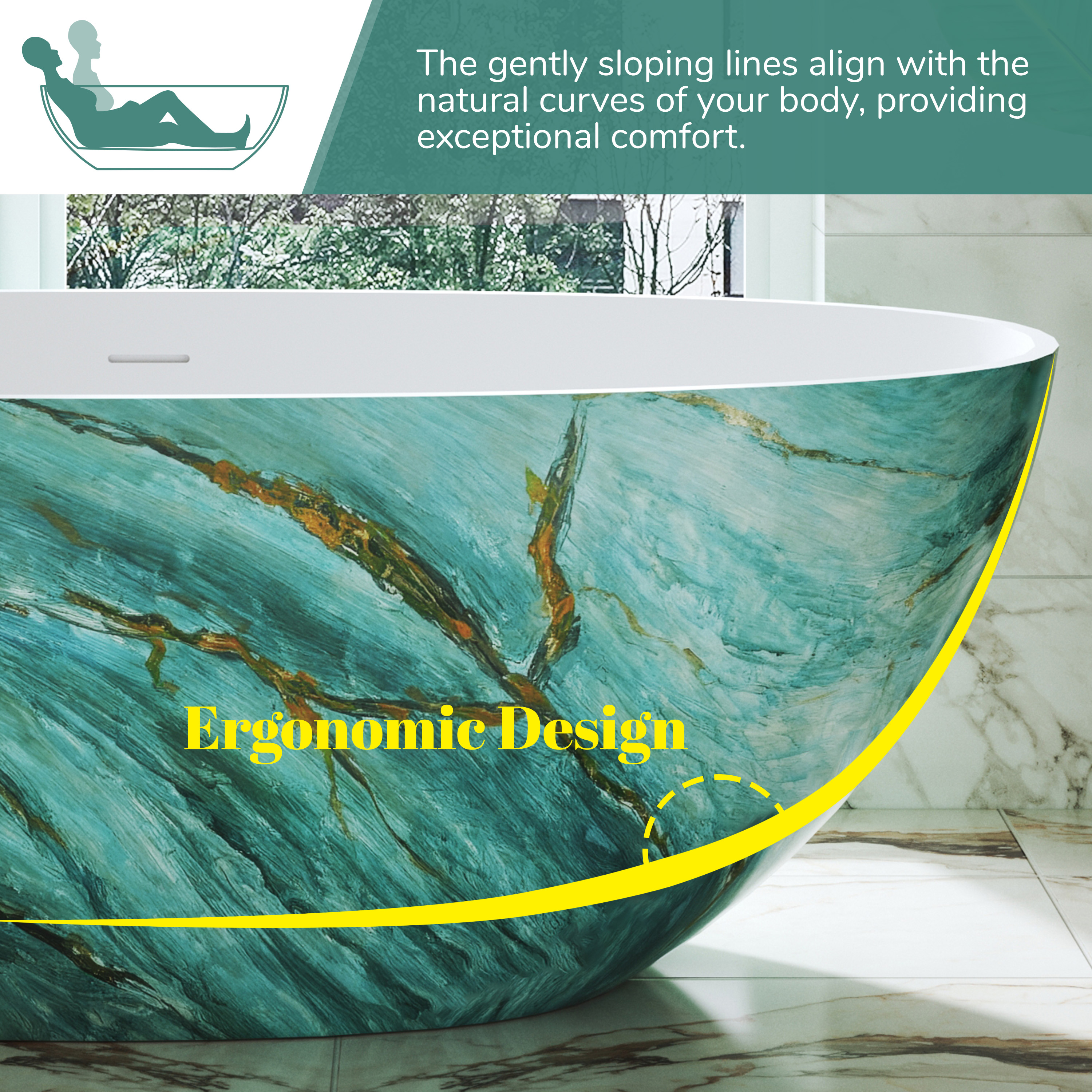 65" Freestanding Oval Solid Surface Soaking Bathtub in Emerald-Green with Center Drain & Overflow