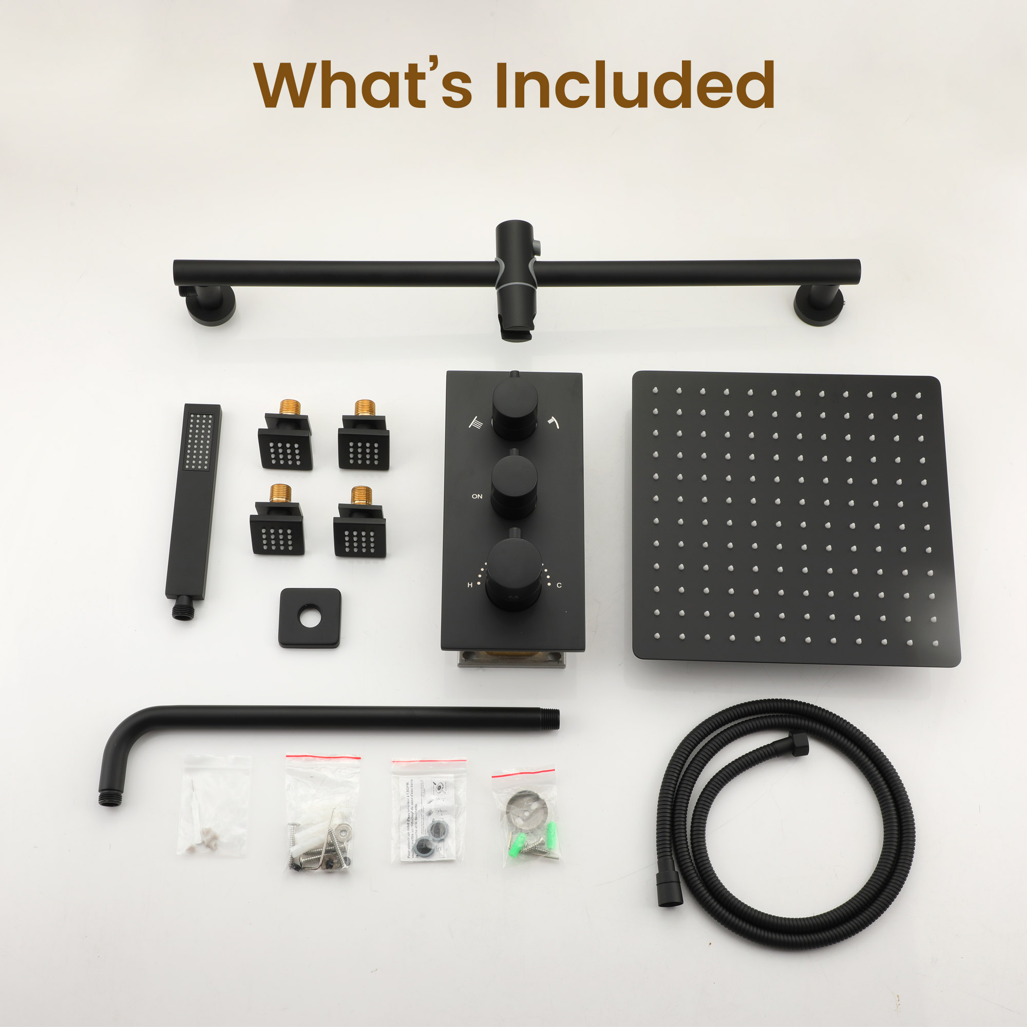 12-inch 3-Function Thermostatic Rain Shower System with Body Jets & Slide Bar