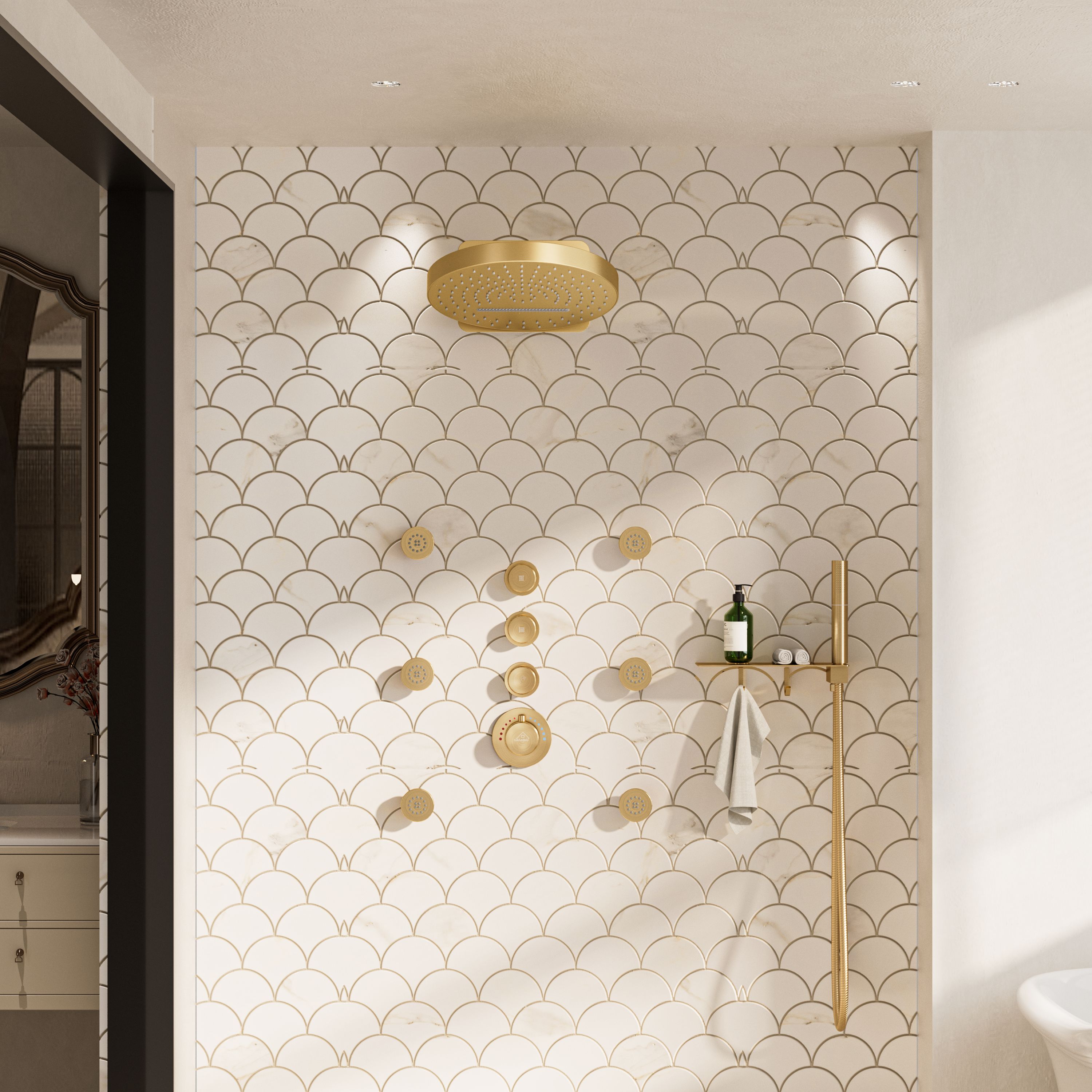 12" Adjustable Shower Head With Shelf Shower System, Hand Shower With Spray Gun Function