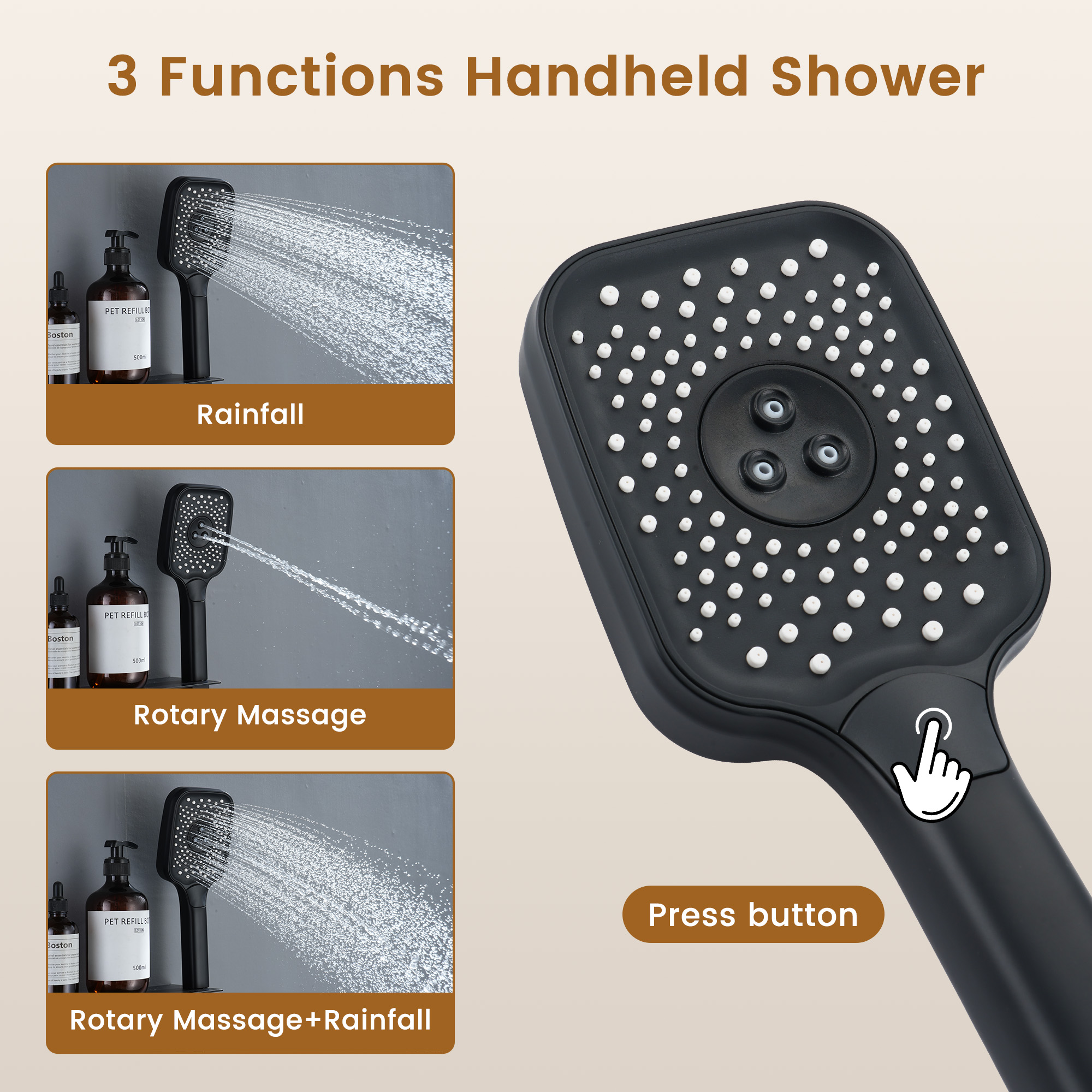 Ceiling Mount 3 Function Thermostatic Shower System with Rainfall Massage Jets